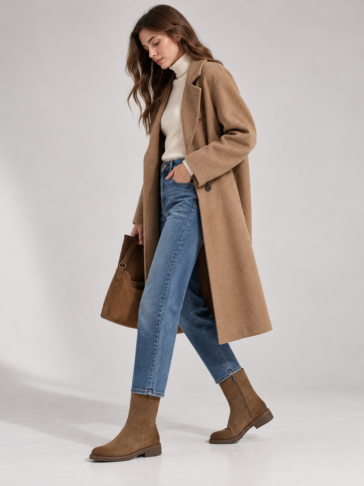Tan pointed-toe boots, shown as part of a complete outfit.