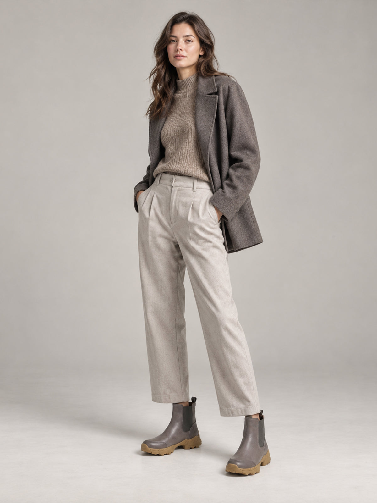 Grey Khaki Ankle Boots, shown as part of a complete outfit.
