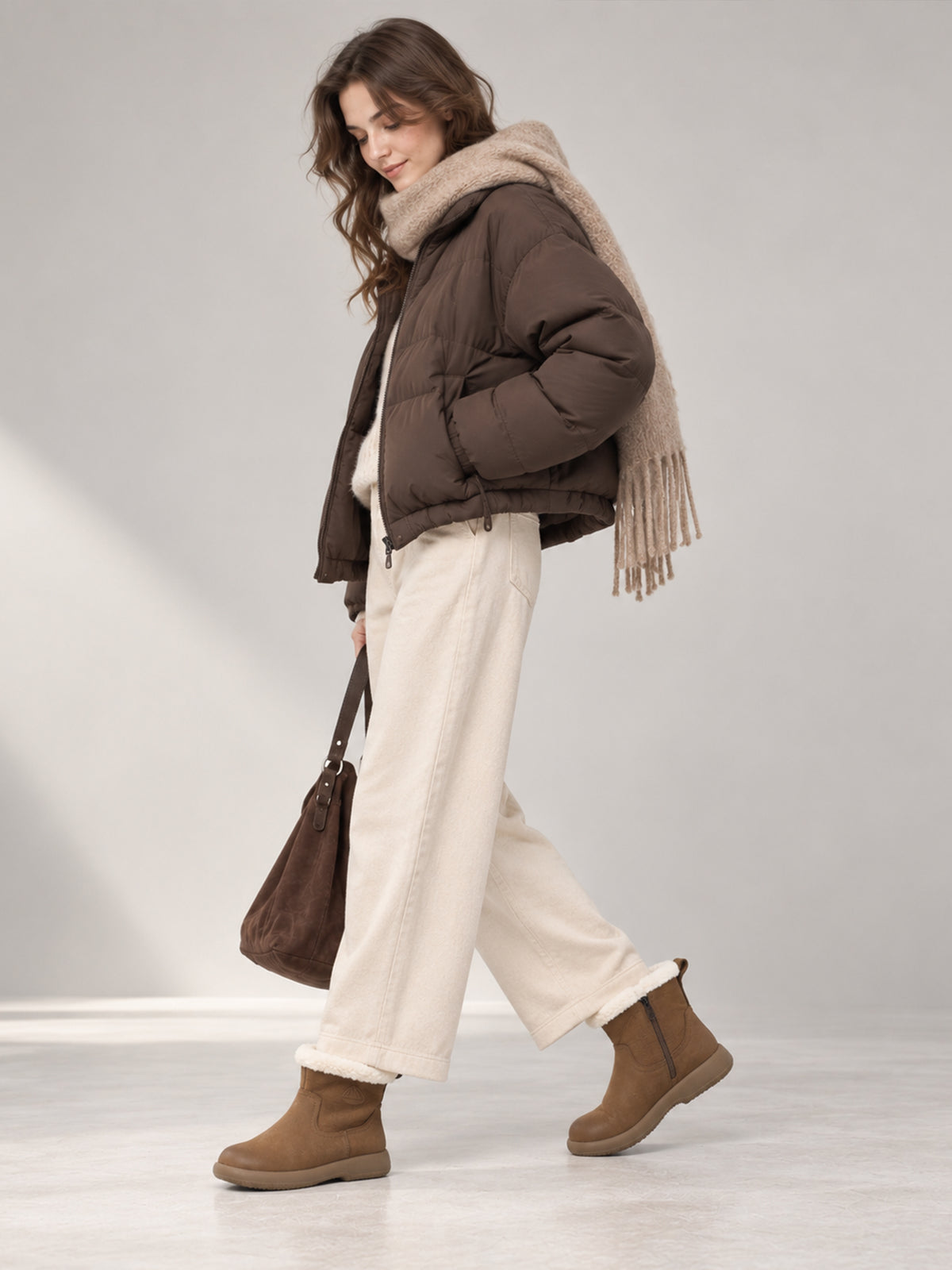 Coffee brown Snow-Cap snow boots, shown as part of a complete outfit.