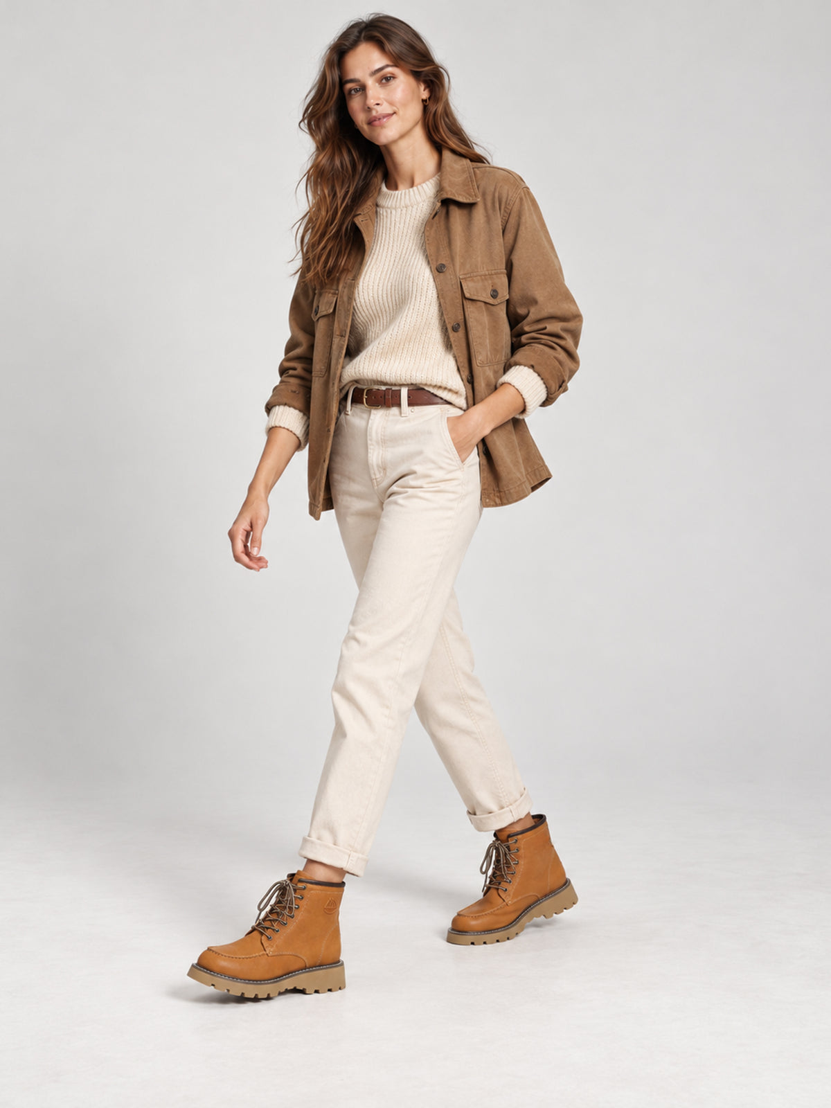 Tan washed leather combat boots, shown as part of a complete outfit.
