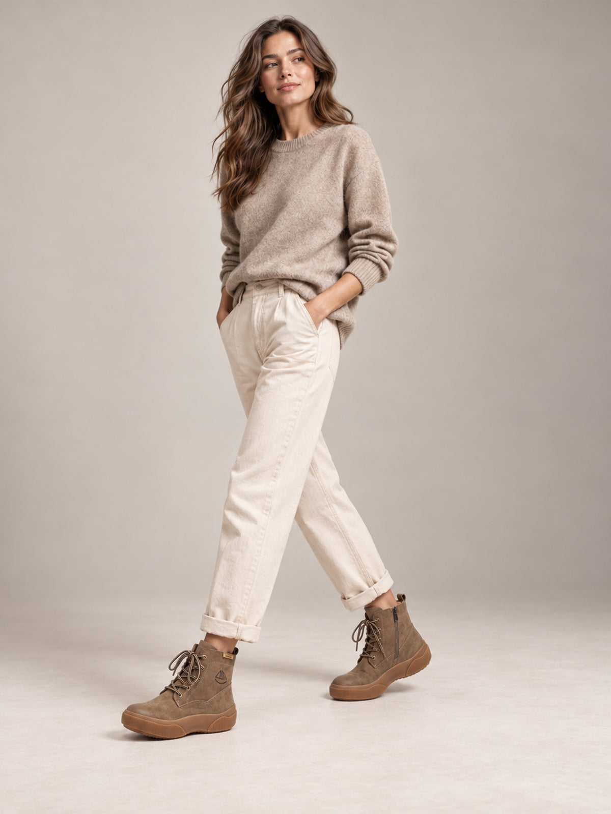 Brown Yaoyao sole ankle boots, shown as part of a complete outfit.