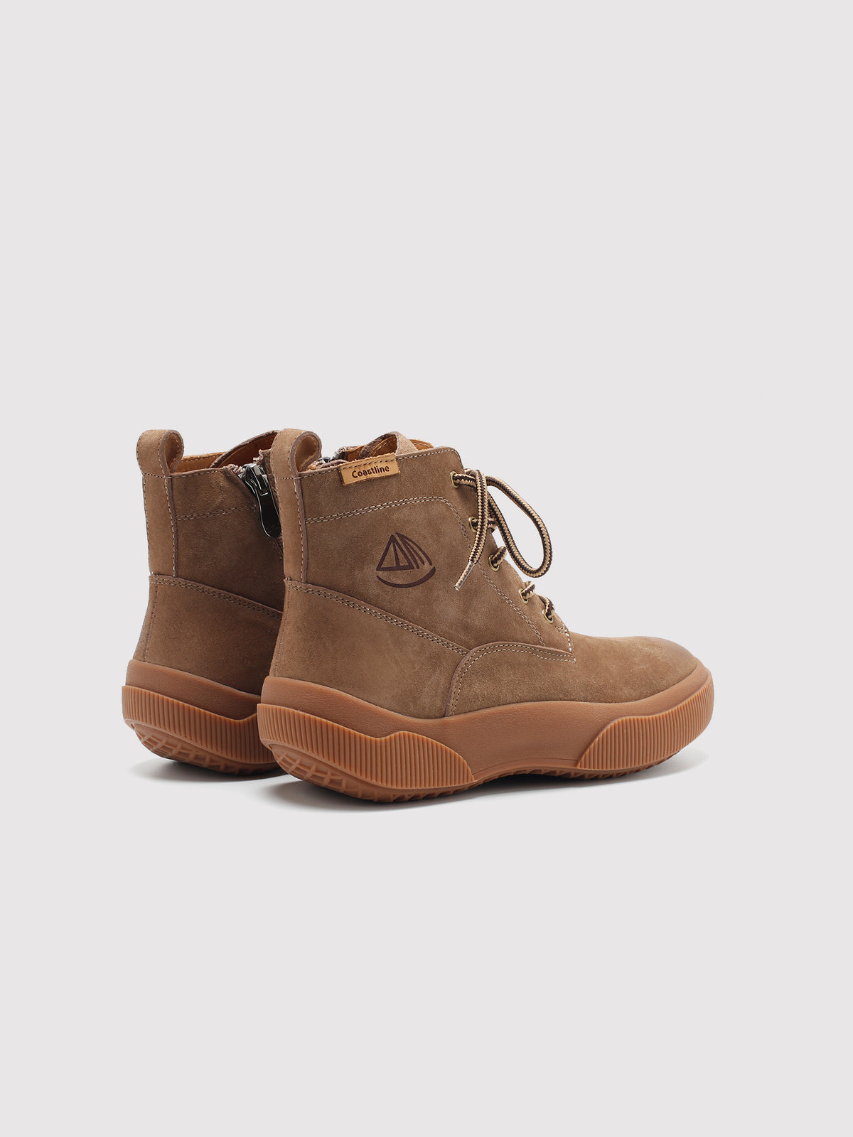 Brown Yaoyao sole ankle boots, pair viewed from the back.