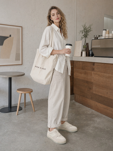 Woman wearing cream sneakers with a light outfit while holding a takeaway cup.