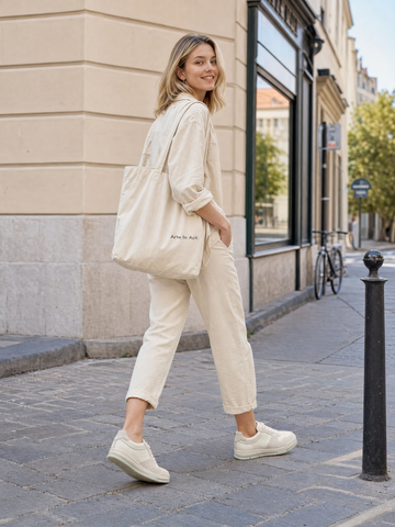 Woman wearing cream sneakers and carrying a tote bag on a city sidewalk.