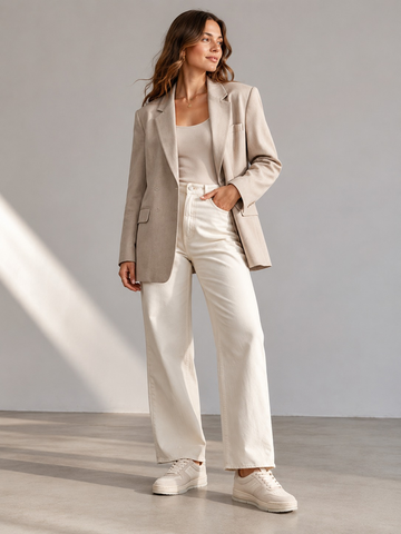 Woman wearing cream sneakers with white trousers and a beige blazer.