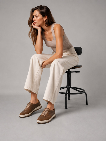 Woman wearing brown sneakers with cream trousers and a gray tank top, seated on a studio stool.