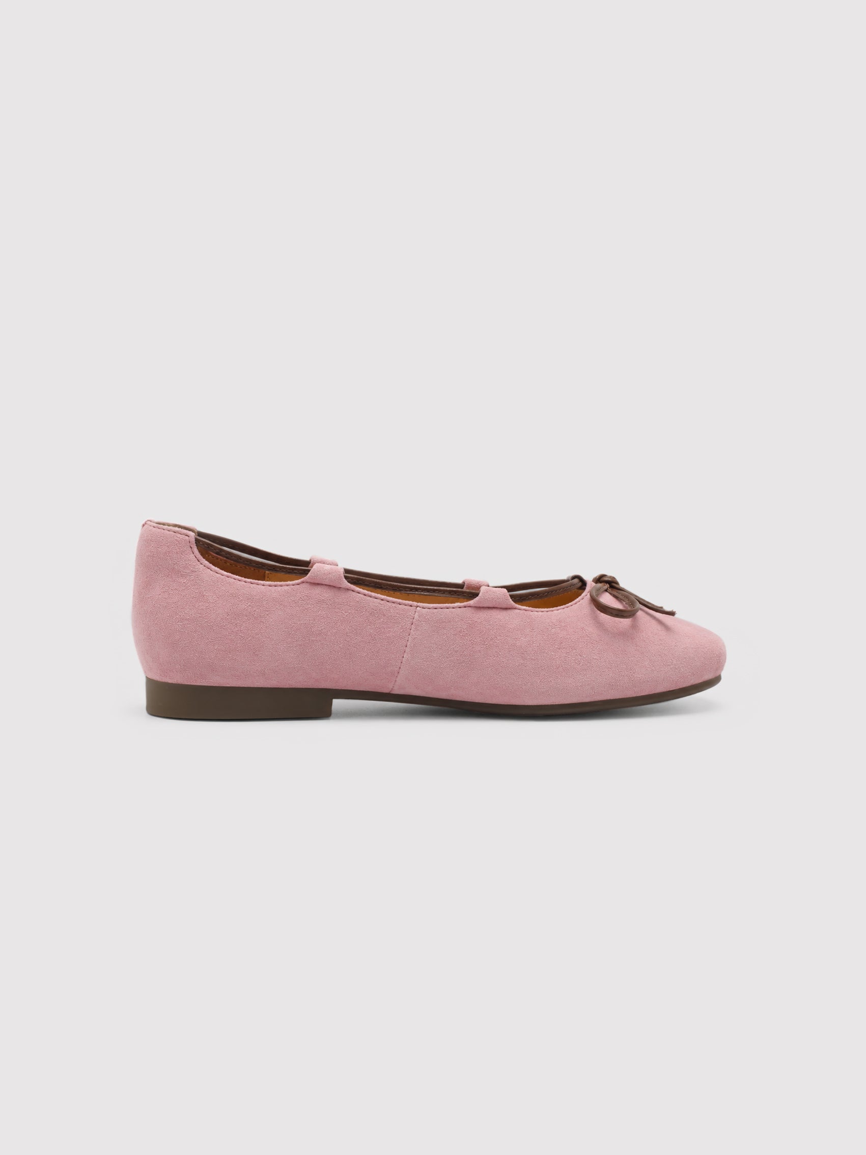 Blush Pink Suede Ballet Flats with Brown Bow Detail