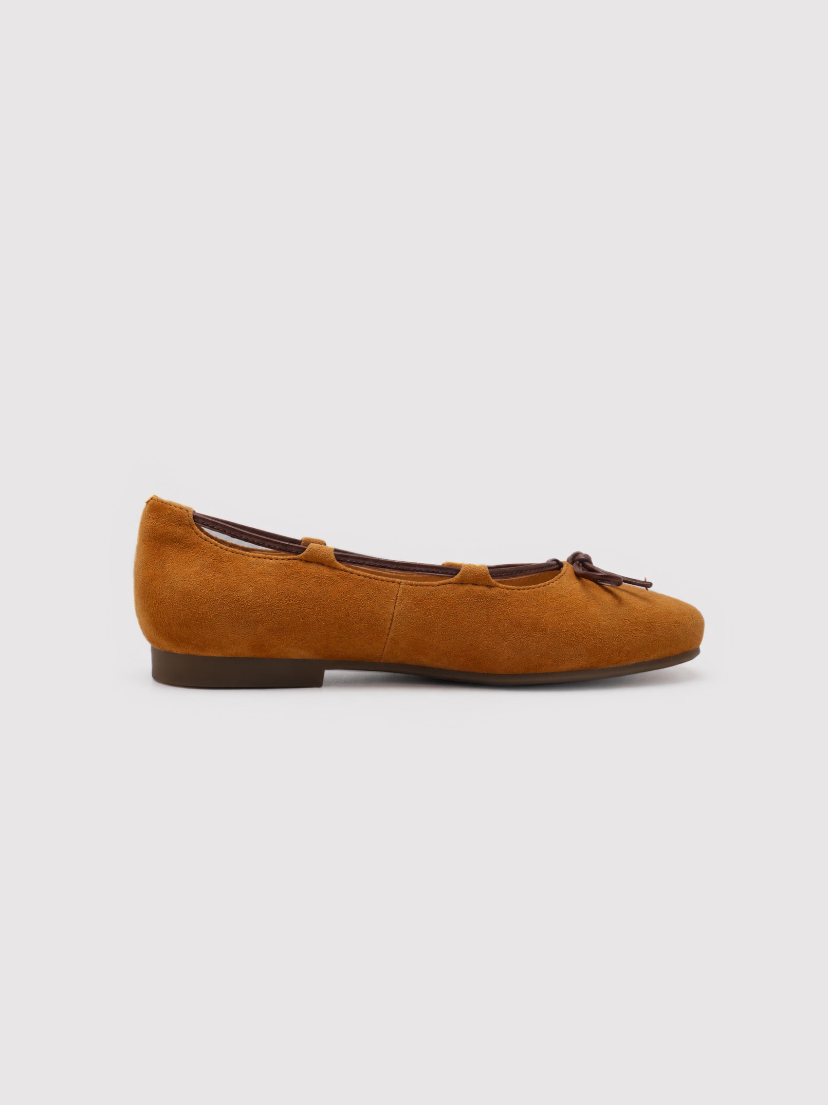 Soft Camel Suede Ballet Flats with Leather Bow Accent