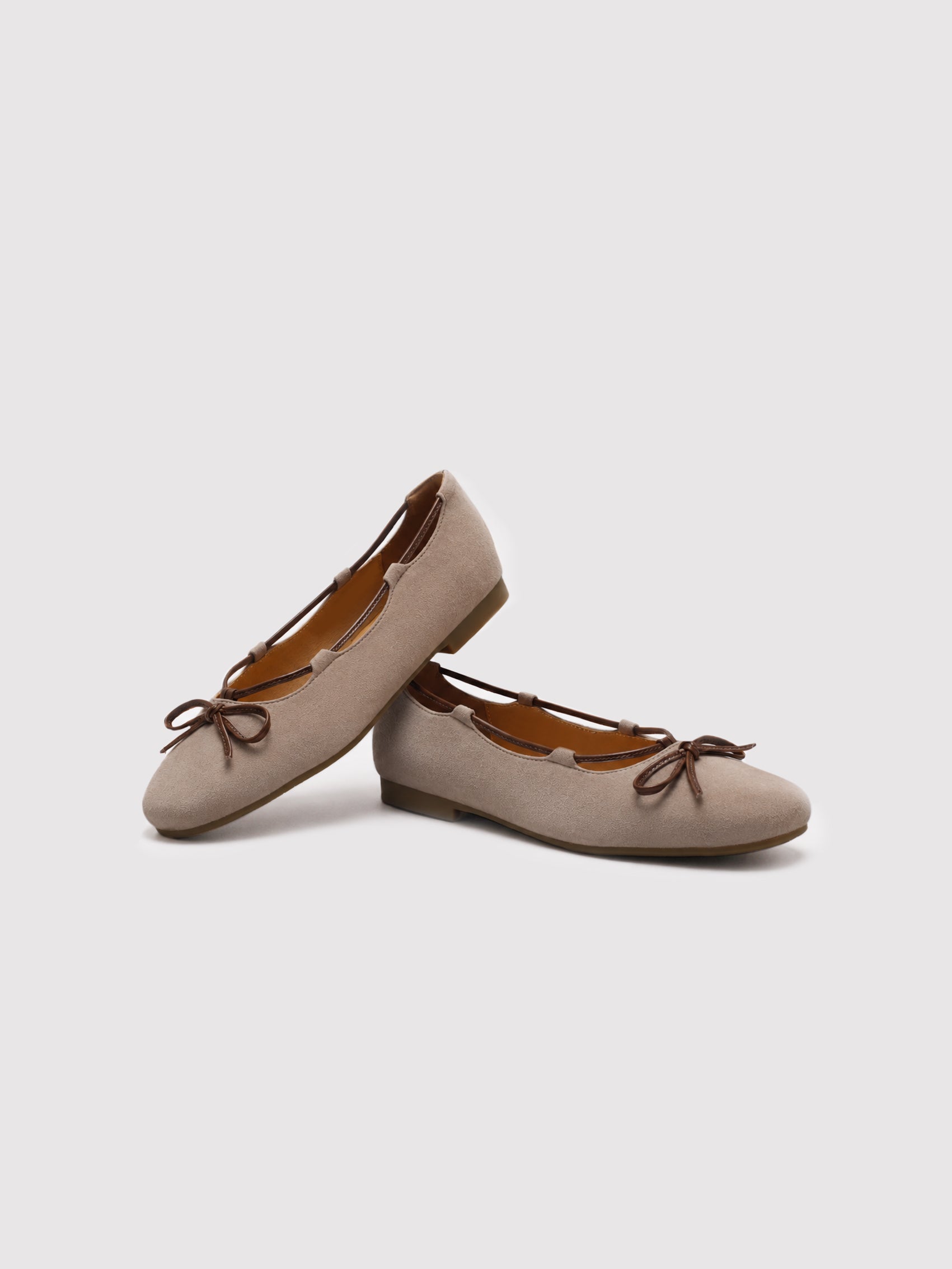 Soft Taupe Suede Ballet Flats with Leather Bow Accent