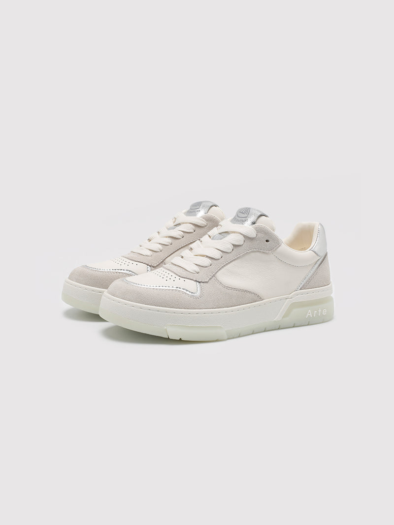 White and light grey suede low-top sneakers, pair viewed from the front at an angle.