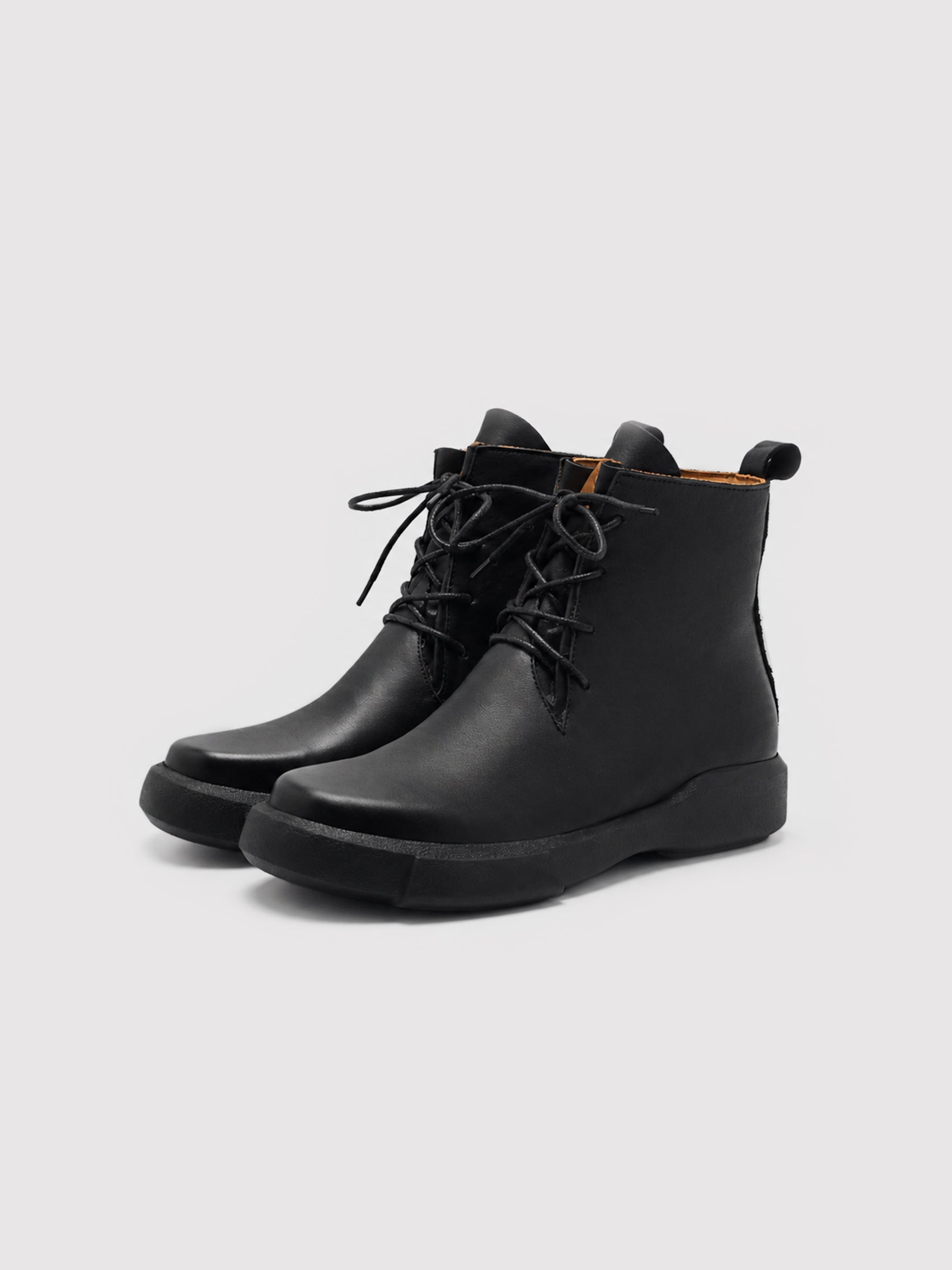 Black Leather Lace-Up Ankle Boots with Chunky Sole