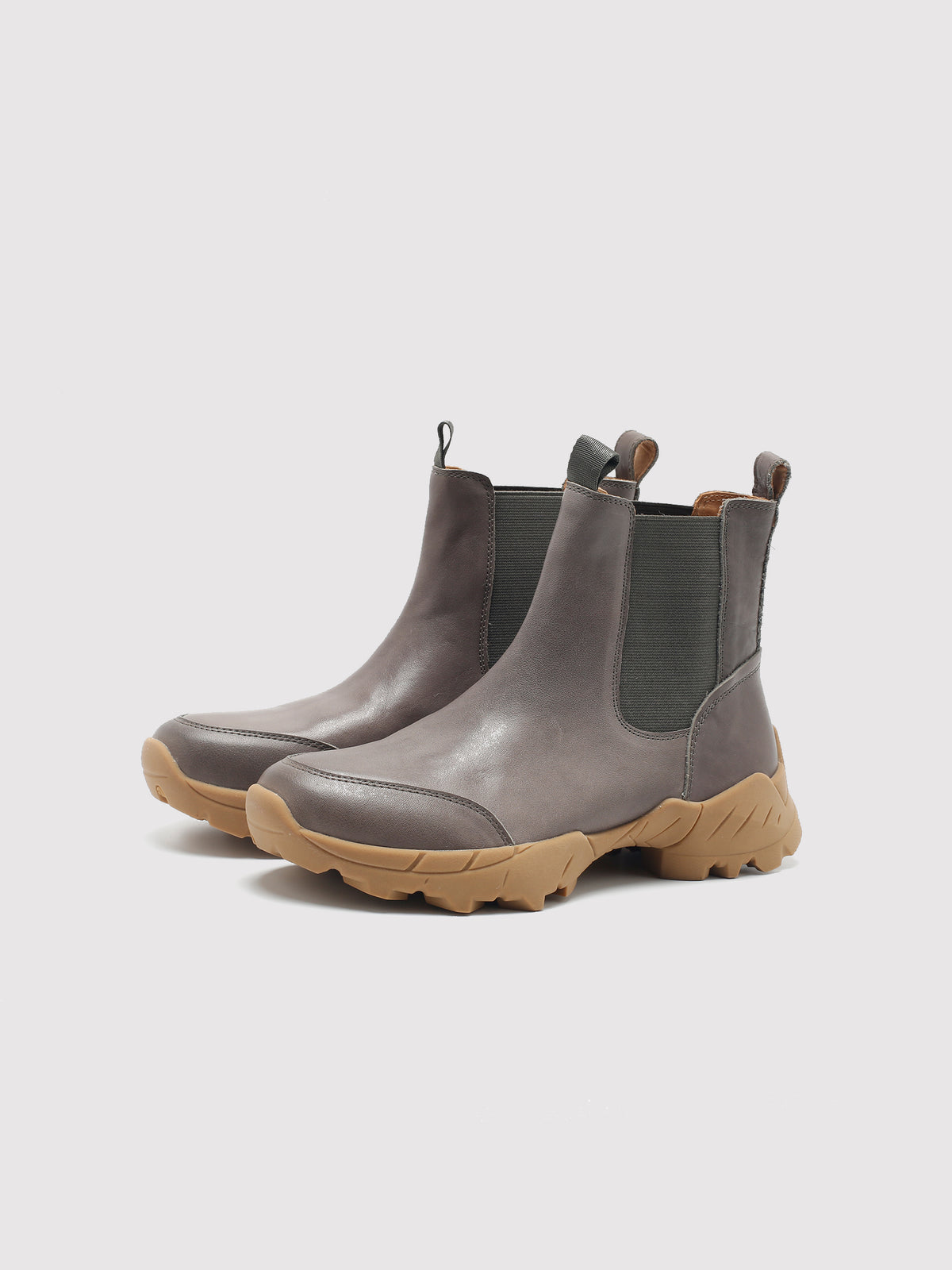 Grey Khaki Ankle Boots, pair viewed from the front at an angle.