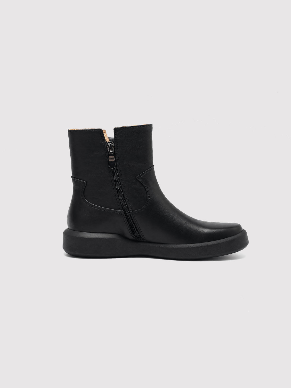 Black zip ankle boots, side profile.
