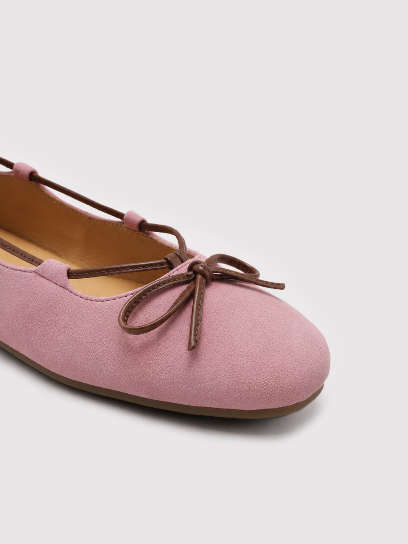 Blush Pink Suede Ballet Flats with Brown Bow Detail