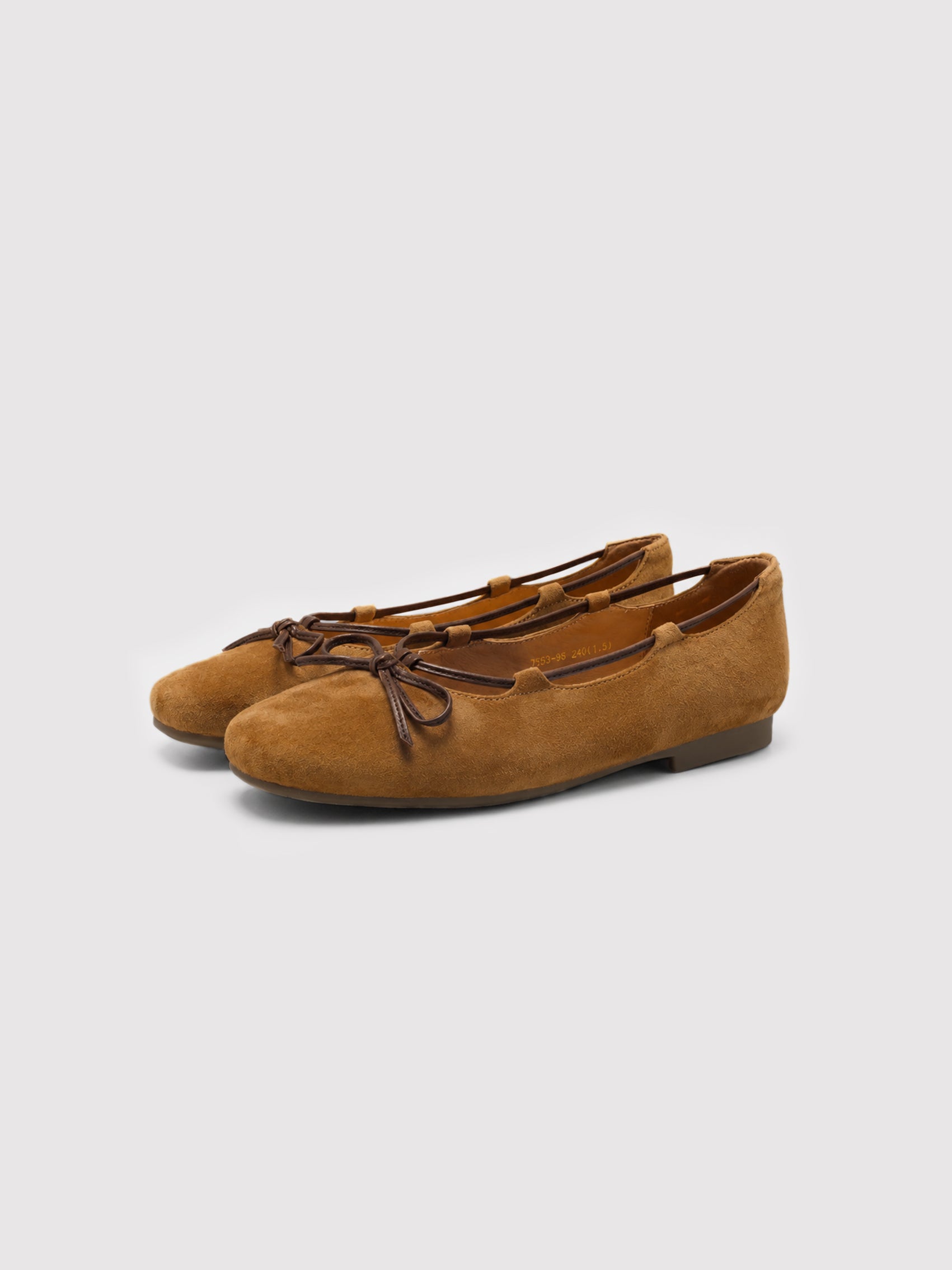 Soft Camel Suede Ballet Flats with Leather Bow Accent