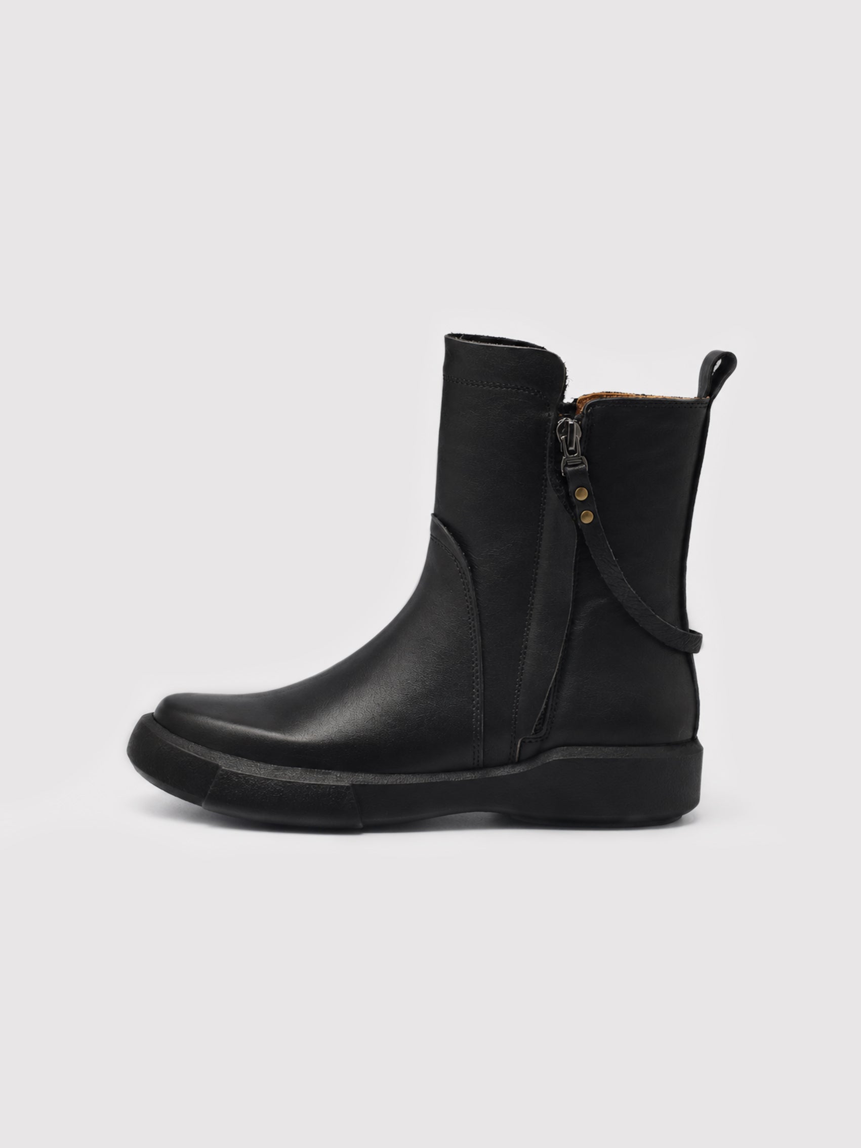 Minimalist Black Leather Ankle Boots with Decorative Strap