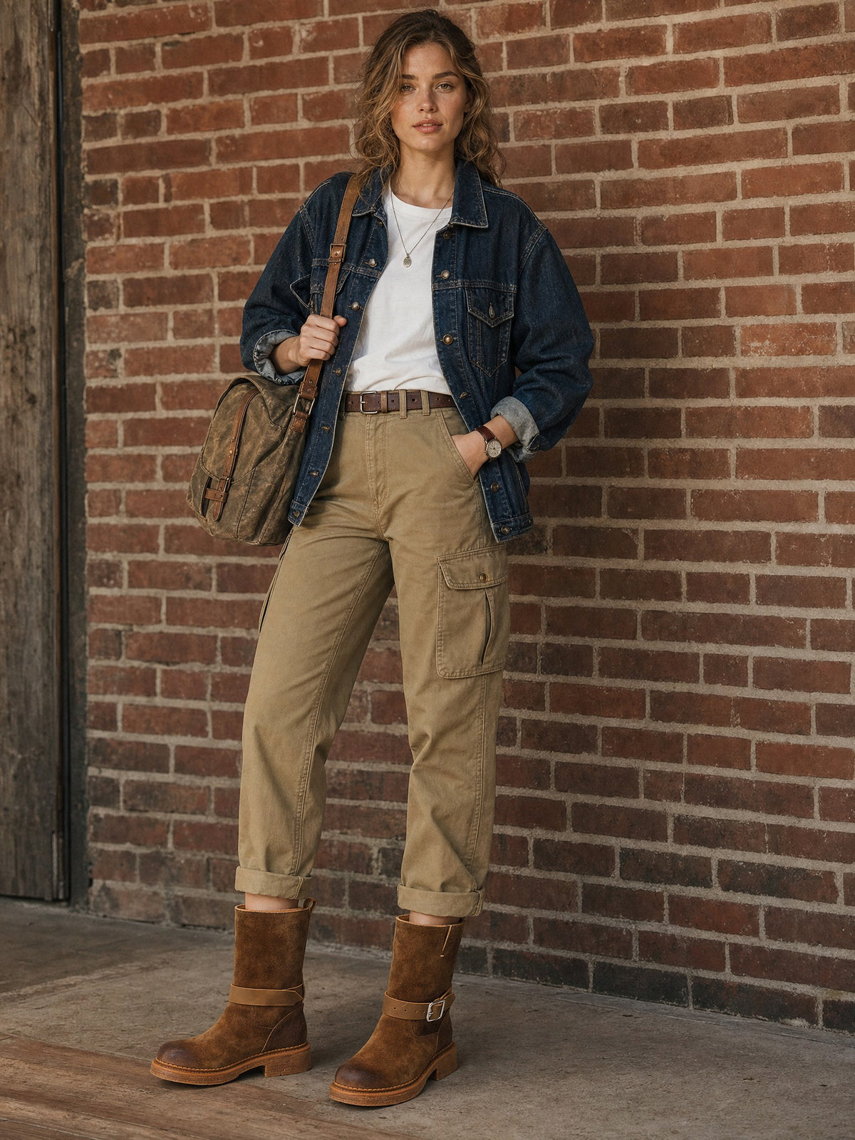 Brown Spanish-inspired buckle boots, shown as part of a complete outfit.