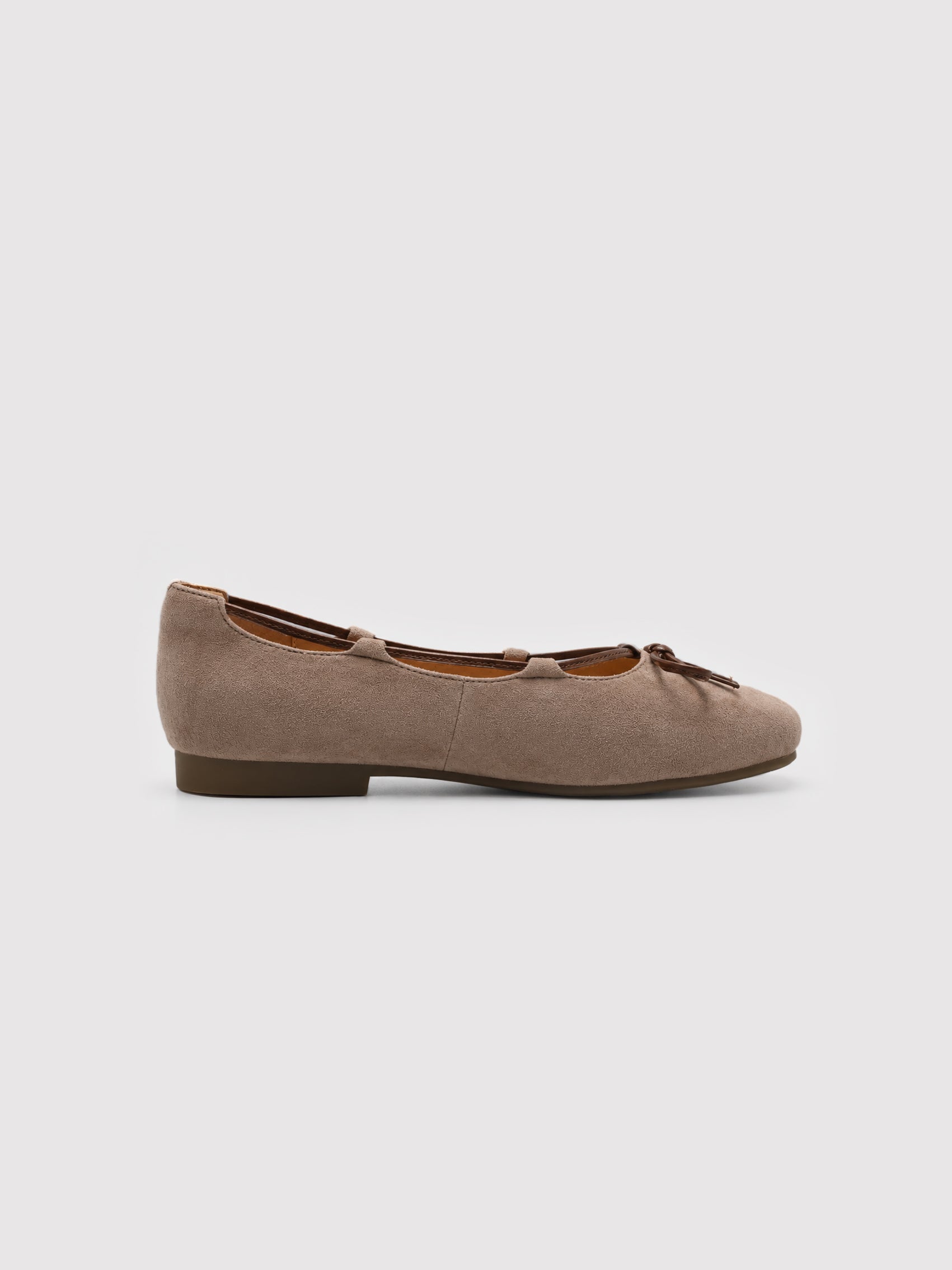 Soft Taupe Suede Ballet Flats with Leather Bow Accent