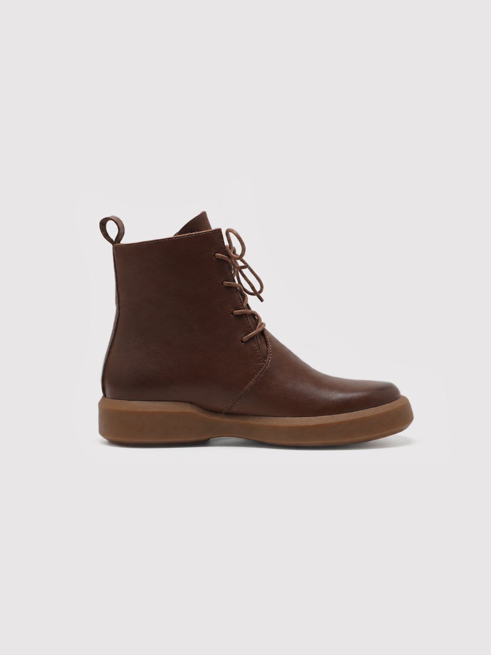 Cognac Brown Leather Lace-Up Ankle Boots with Chunky Sole
