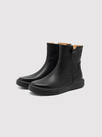 Black zip ankle boots, pair viewed from the front at an angle.