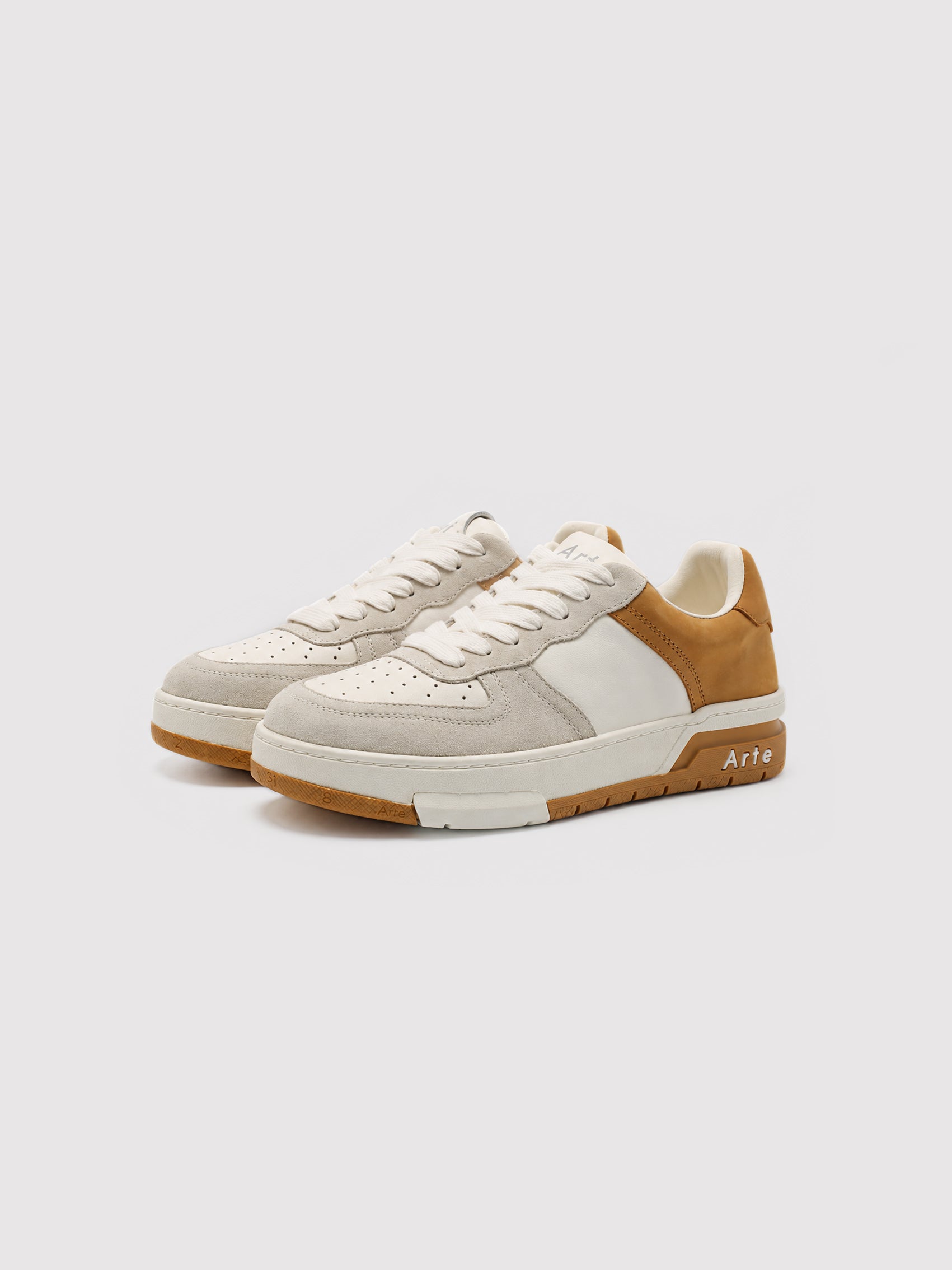 Retro Court Sneakers in Grey, White & Tan Leather