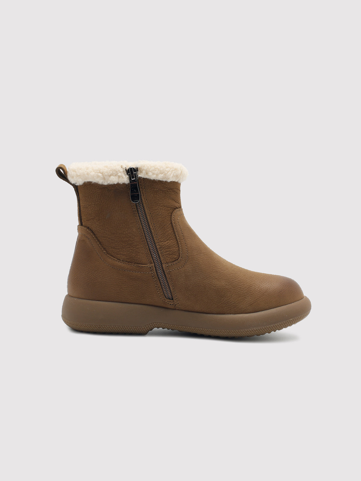 Coffee brown Snow-Cap snow boots, side profile.