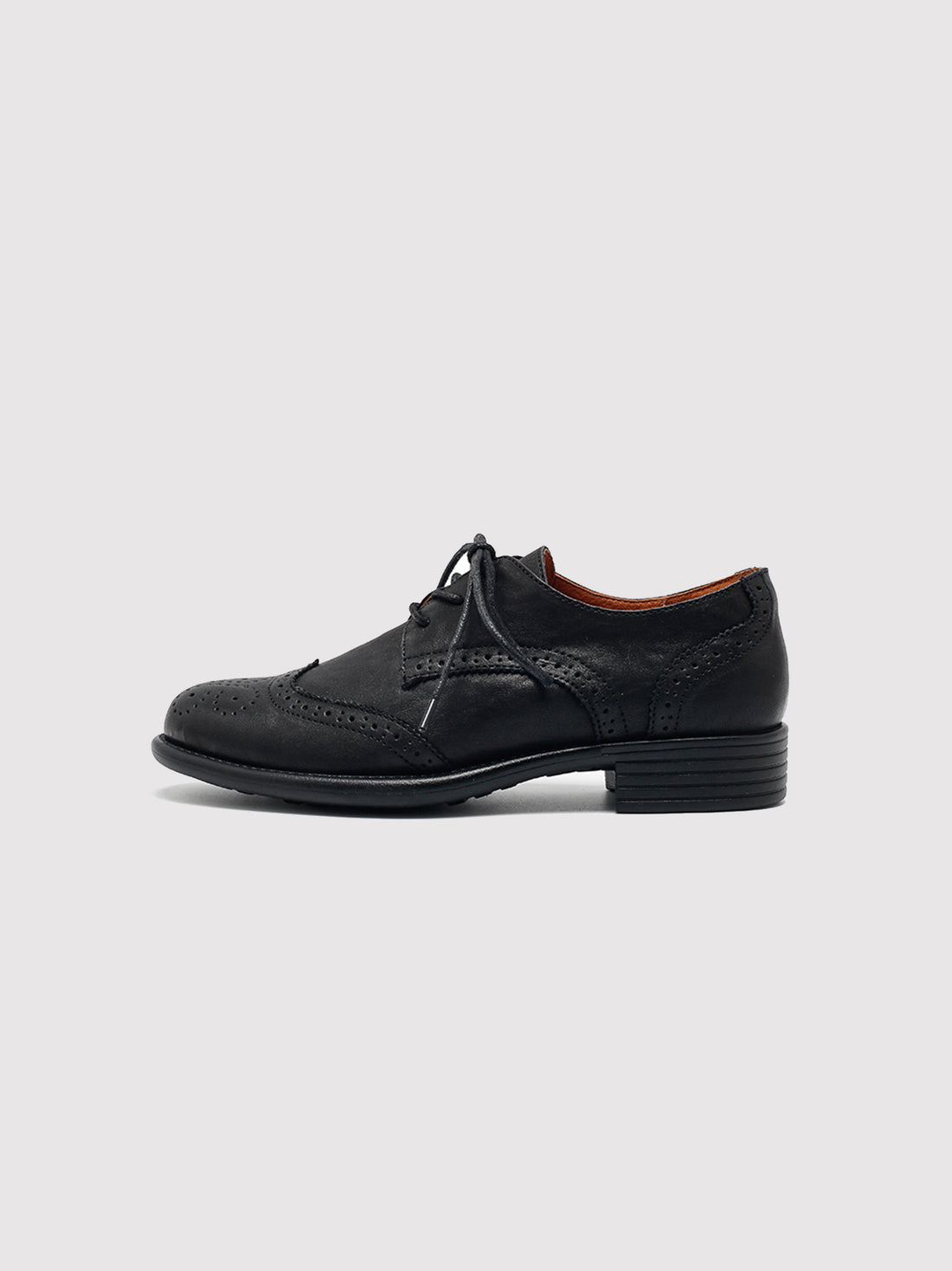 Black British brogue lace-up shoes, pair viewed from the front at an angle.