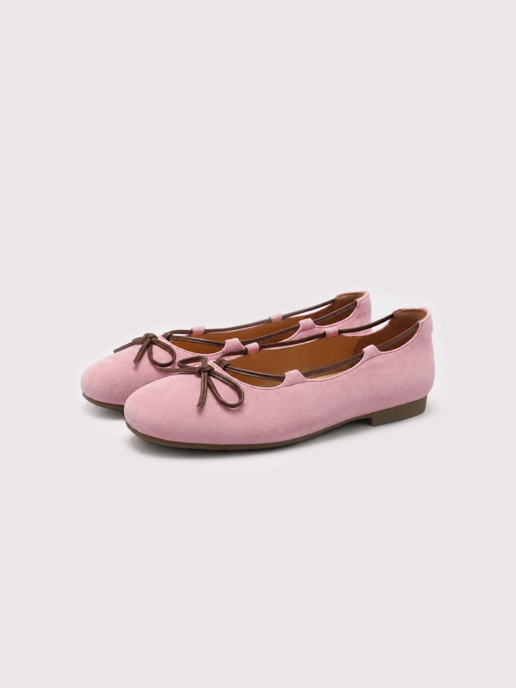 Blush Pink Suede Ballet Flats with Brown Bow Detail