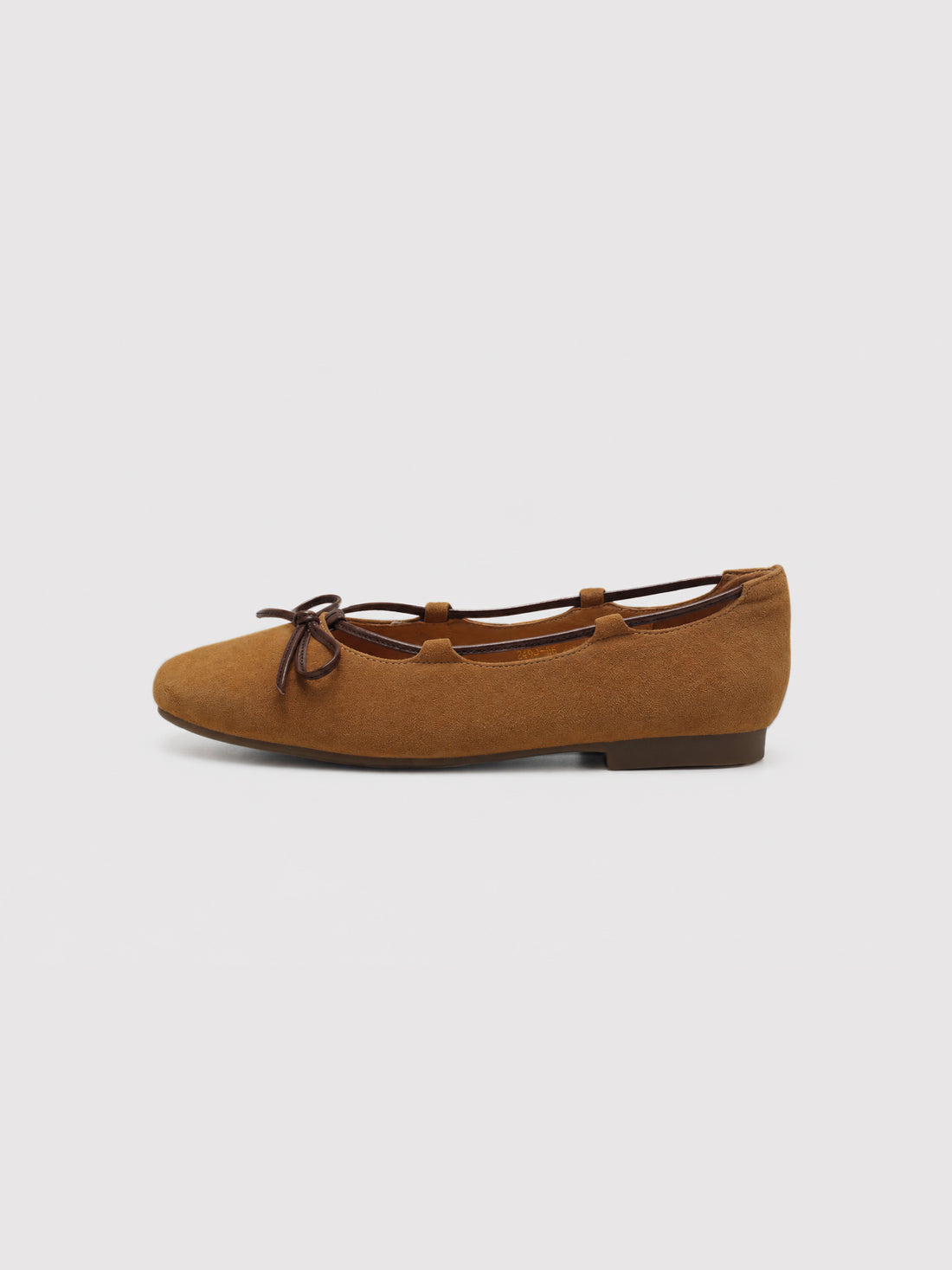 Soft Camel Suede Ballet Flats with Leather Bow Accent
