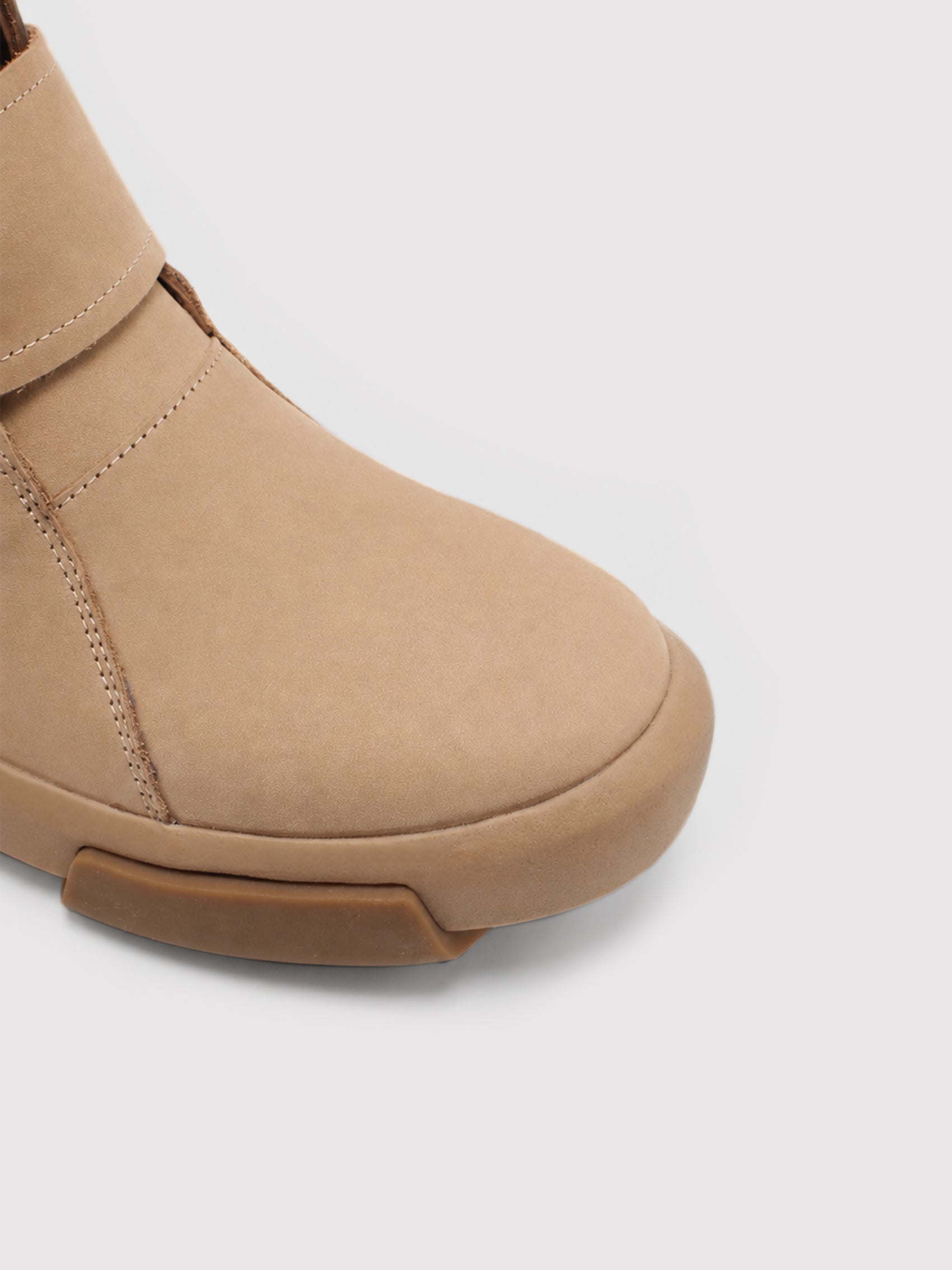 Beige Nubuck Ankle Boots with Strap Detail & Chunky Sole