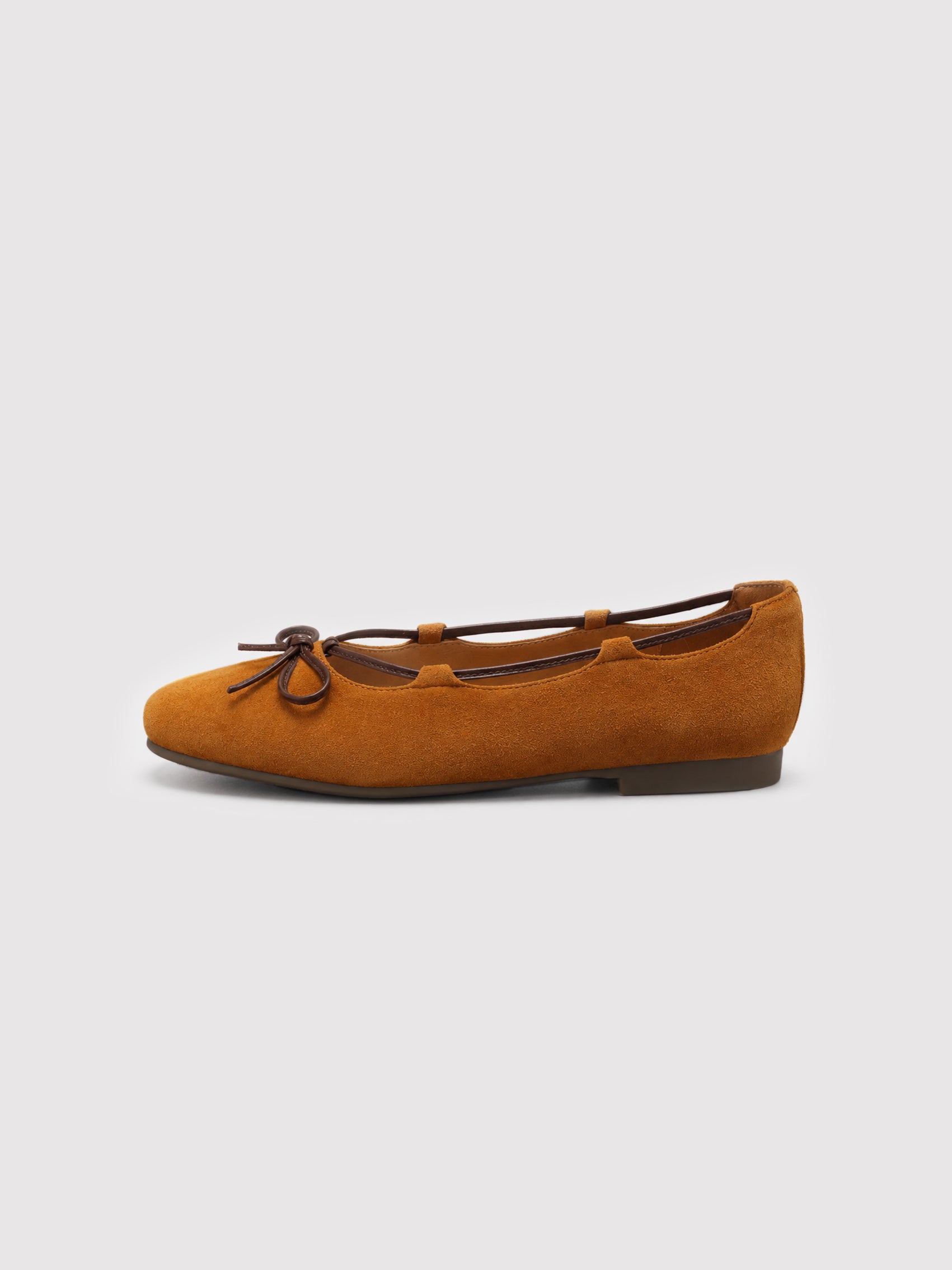 Soft Camel Suede Ballet Flats with Leather Bow Accent