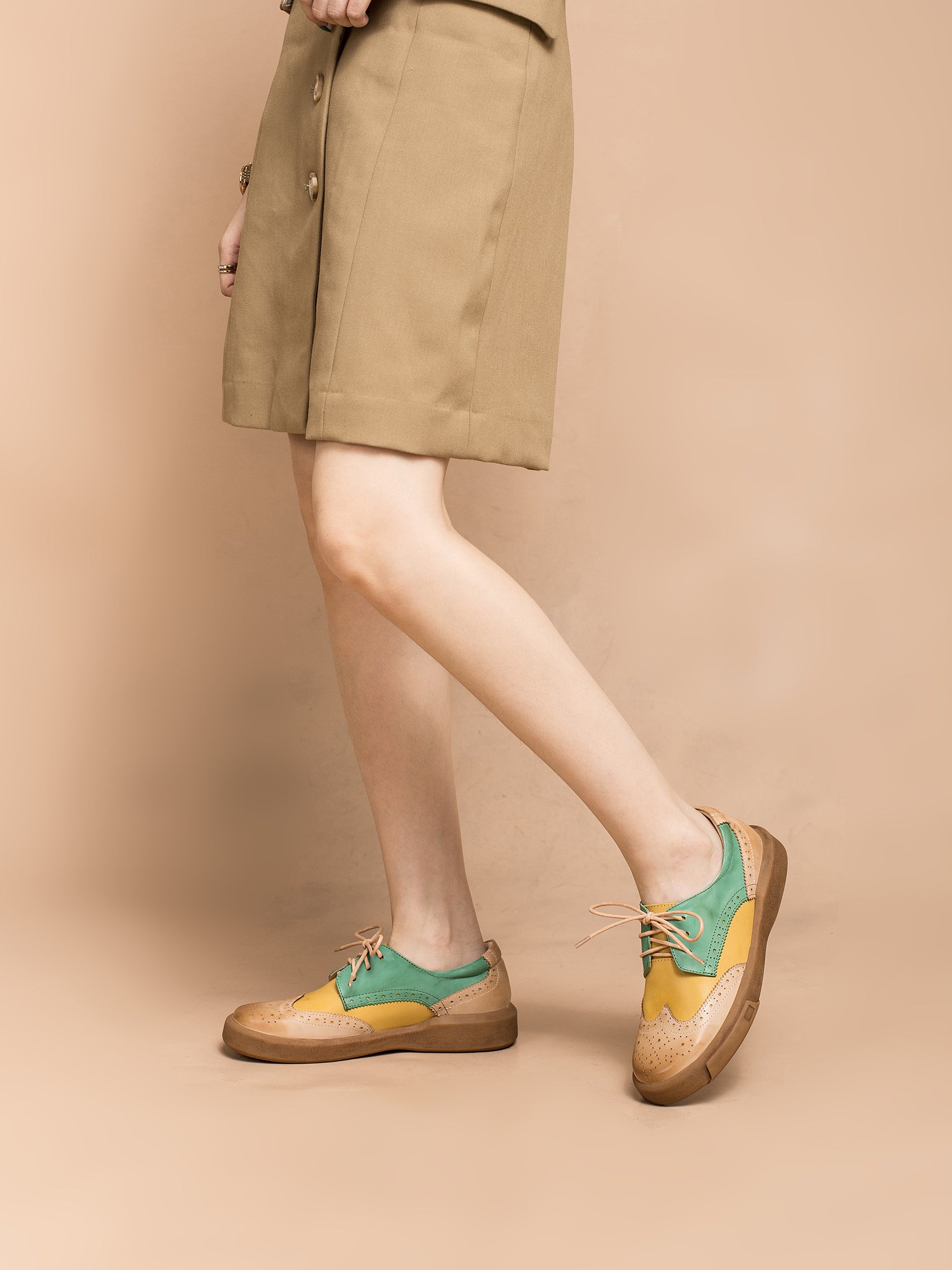 DANDY BLOCK Beige Multi-Color Leather Brogue Derby Shoes