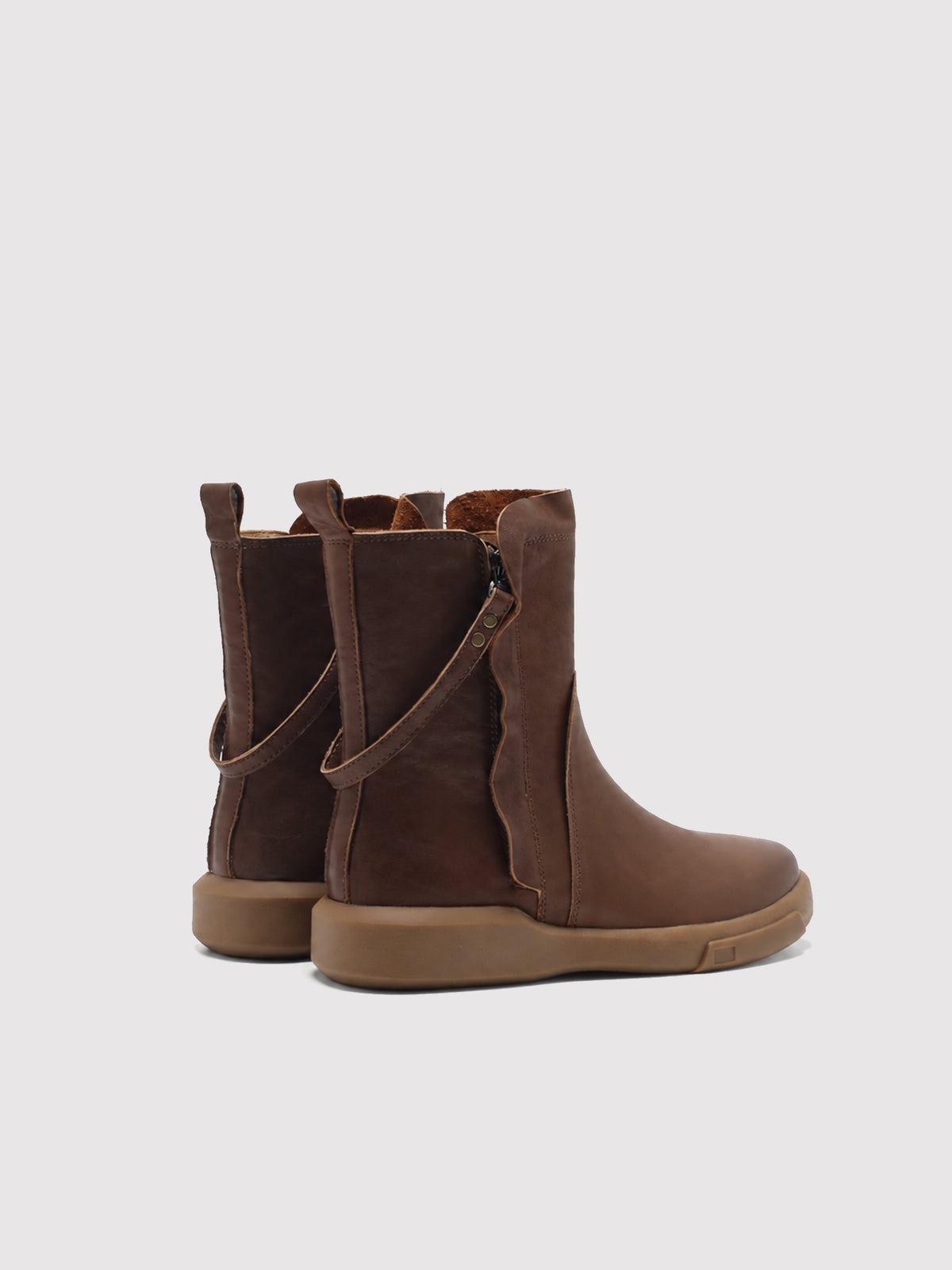 Brown double-zip leather boots, pair viewed from the back.