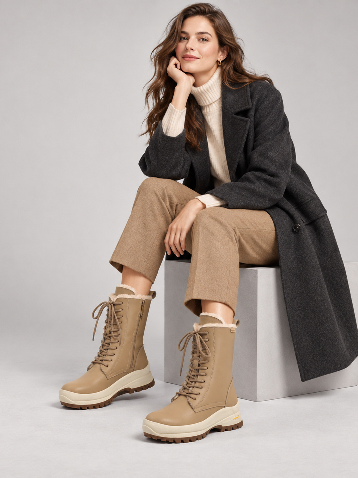 Beige Aspen shearling lace-up boots, worn in a seated outfit.