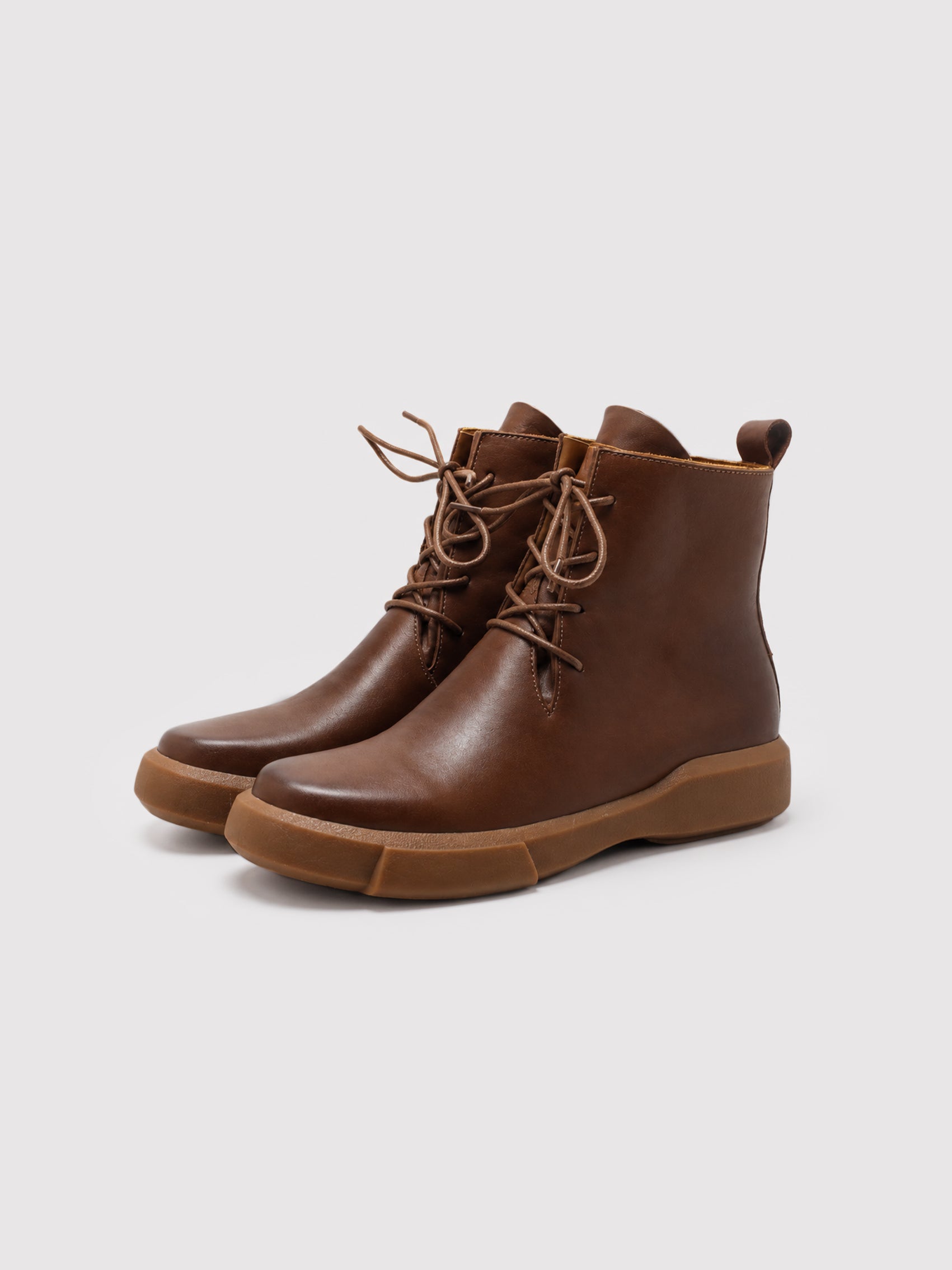Cognac Brown Leather Lace-Up Ankle Boots with Chunky Sole