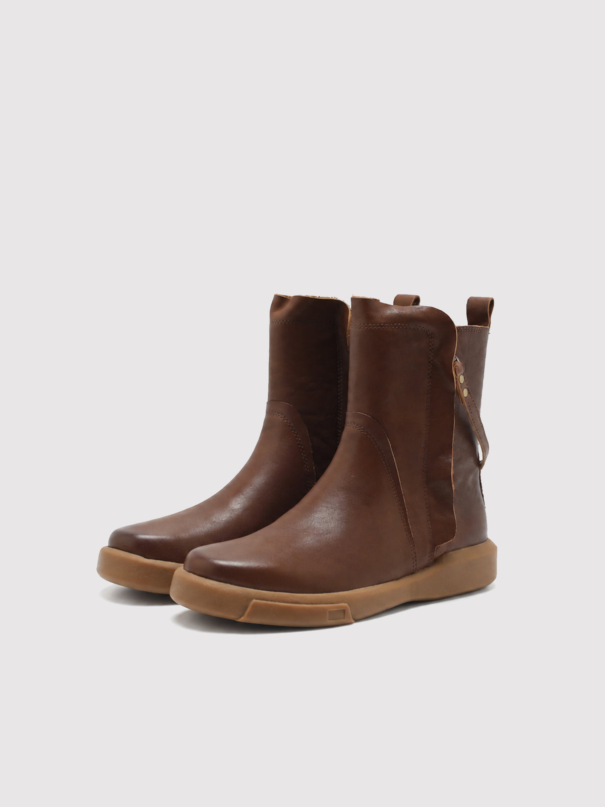 Brown double-zip leather boots, pair viewed from the front at an angle.