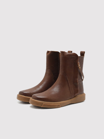 Brown double-zip leather boots, pair viewed from the front at an angle.