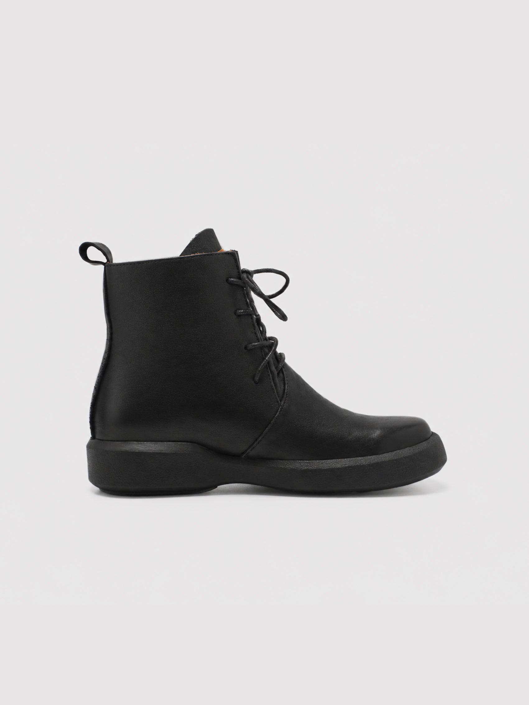Black Leather Lace-Up Ankle Boots with Chunky Sole