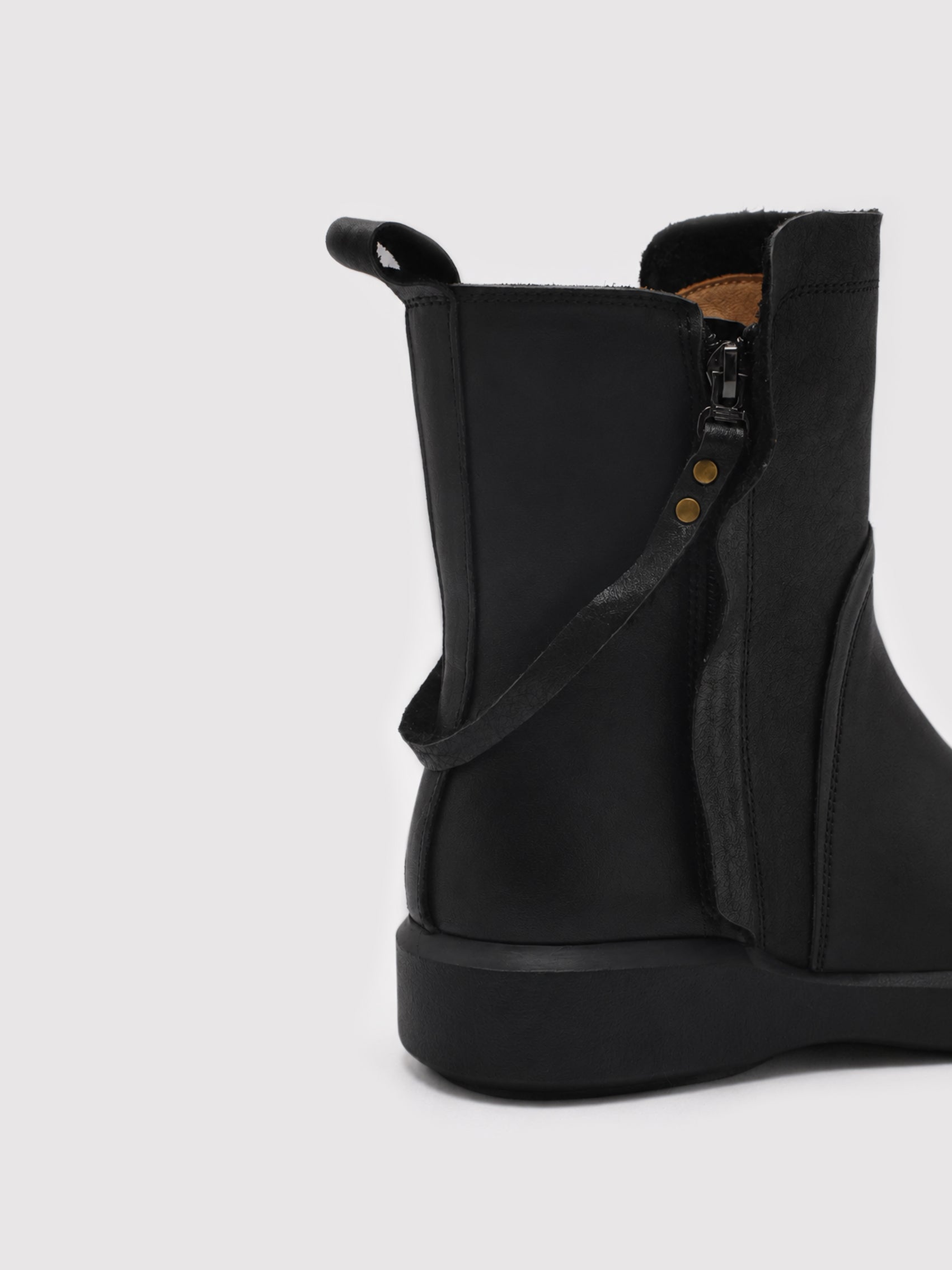 Minimalist Black Leather Ankle Boots with Decorative Strap