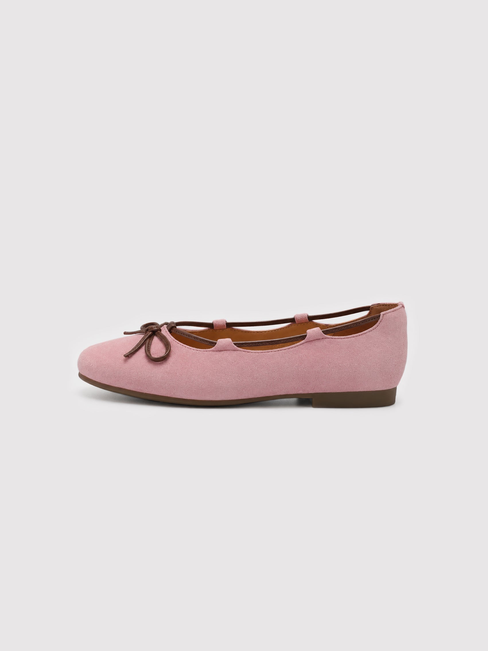 Blush Pink Suede Ballet Flats with Brown Bow Detail