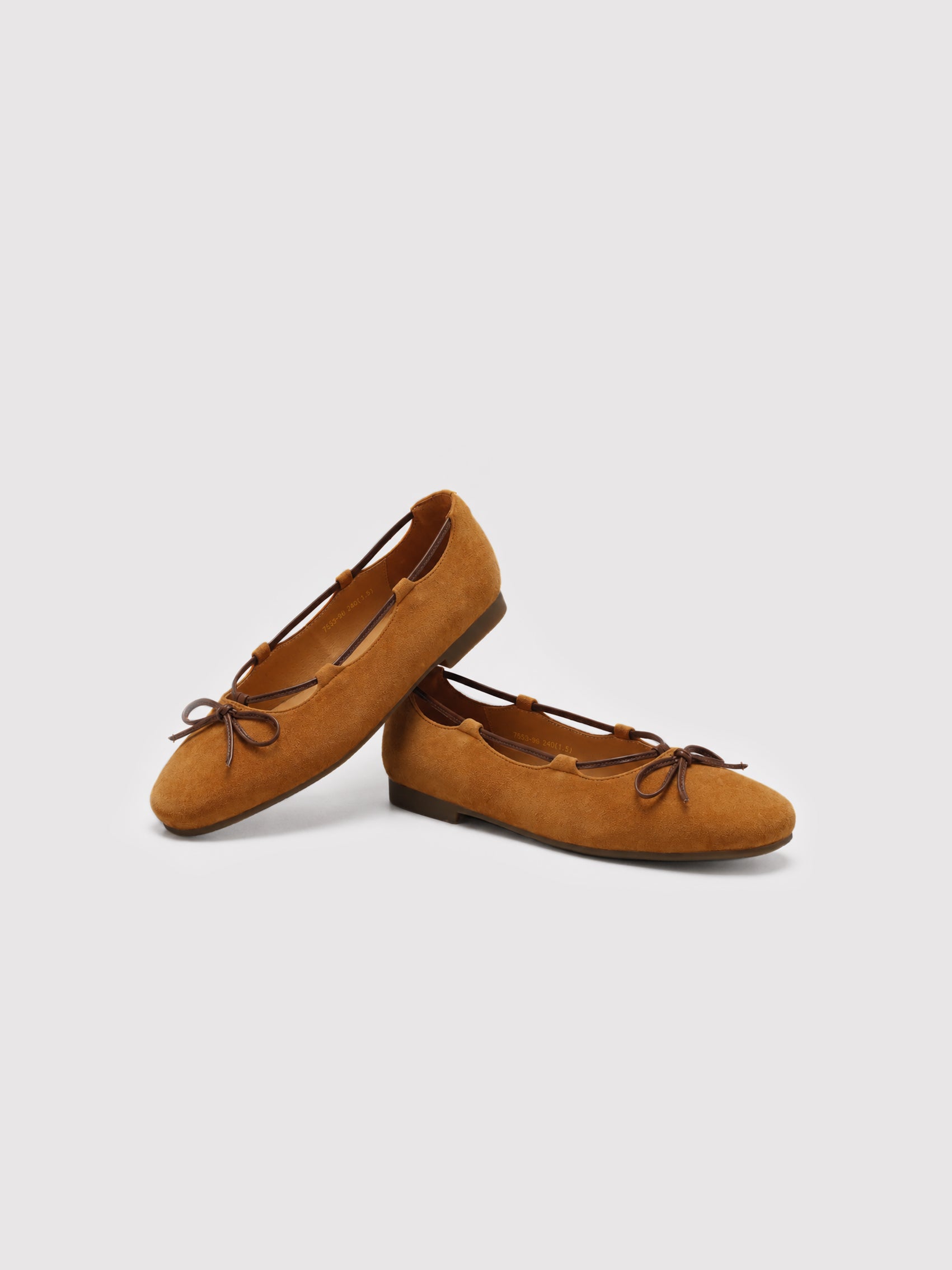 Soft Camel Suede Ballet Flats with Leather Bow Accent