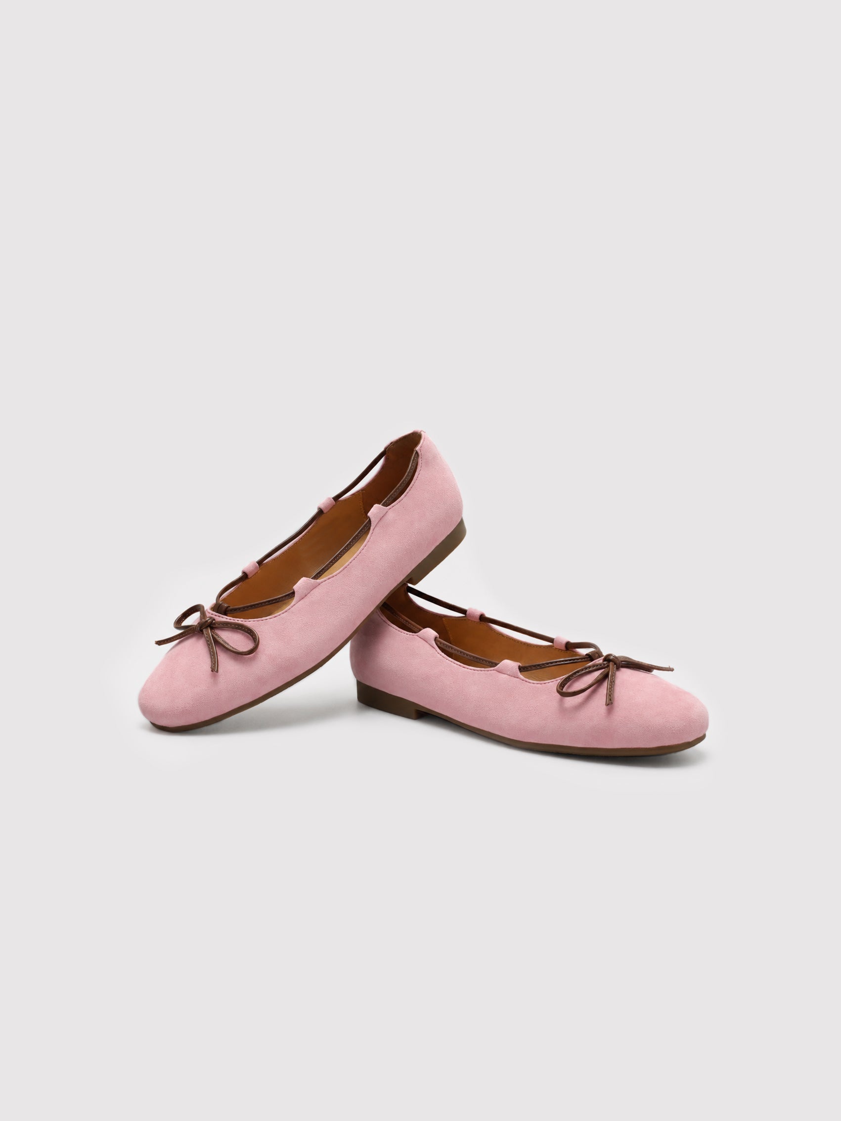 Blush Pink Suede Ballet Flats with Brown Bow Detail