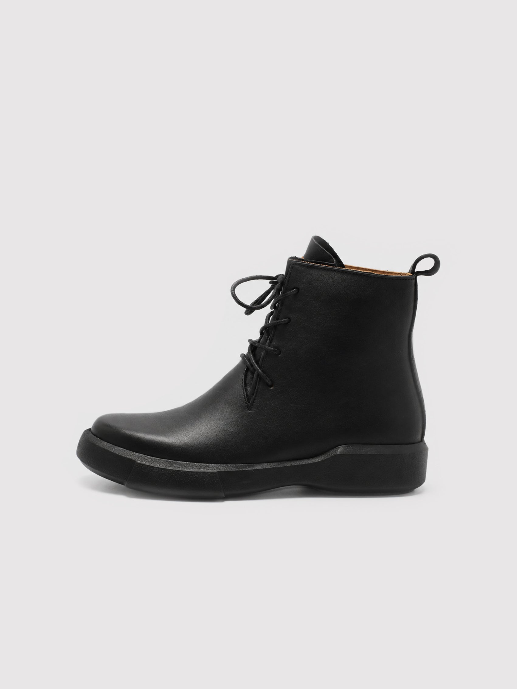 Black Leather Lace-Up Ankle Boots with Chunky Sole