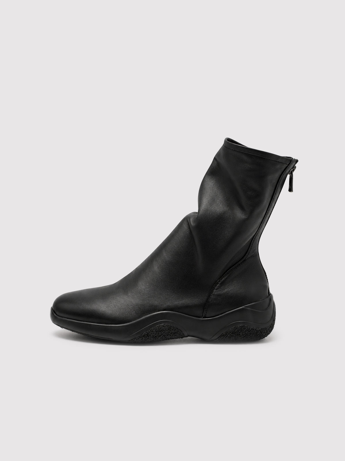 Black lambskin sock boots, side profile.