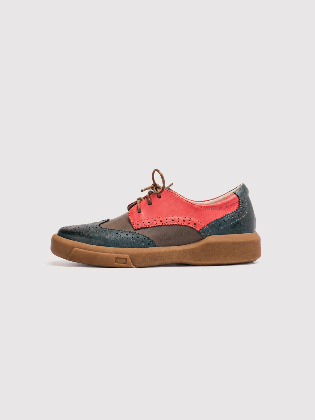 Dandy Block Red, Dark Teal and Tan Leather Brogue Derby Shoes, pair viewed at an angle, showing red, dark teal and tan panels.