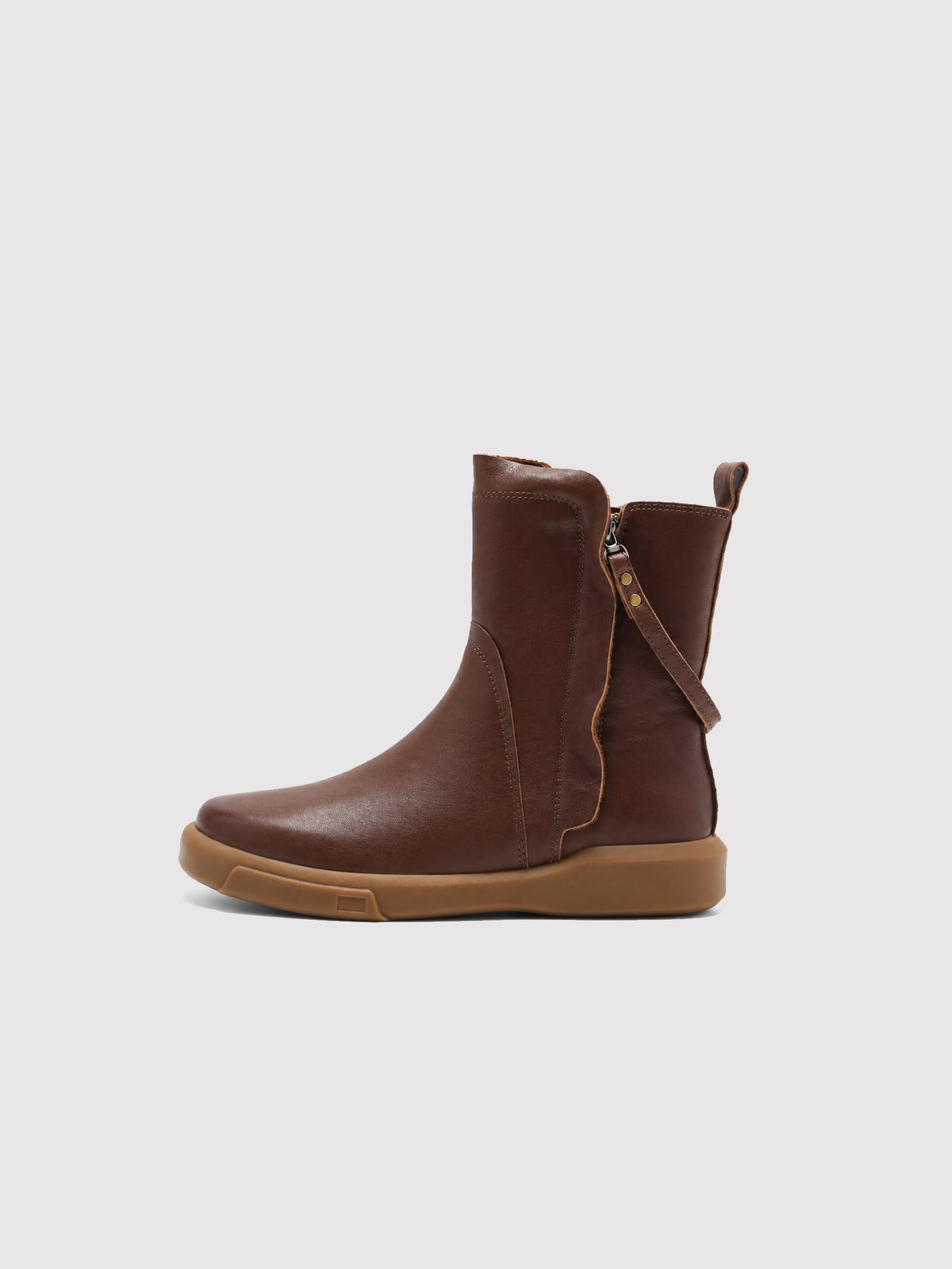 Brown double-zip leather boots, side profile.