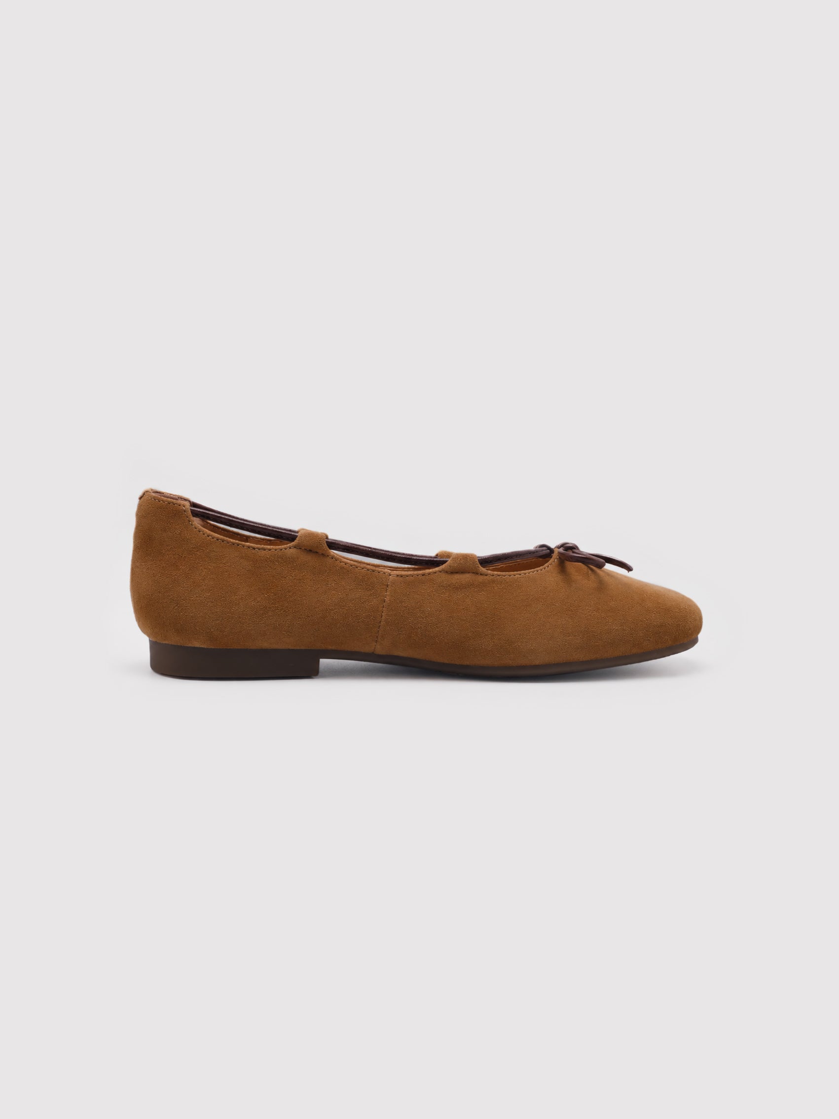 Soft Camel Suede Ballet Flats with Leather Bow Accent
