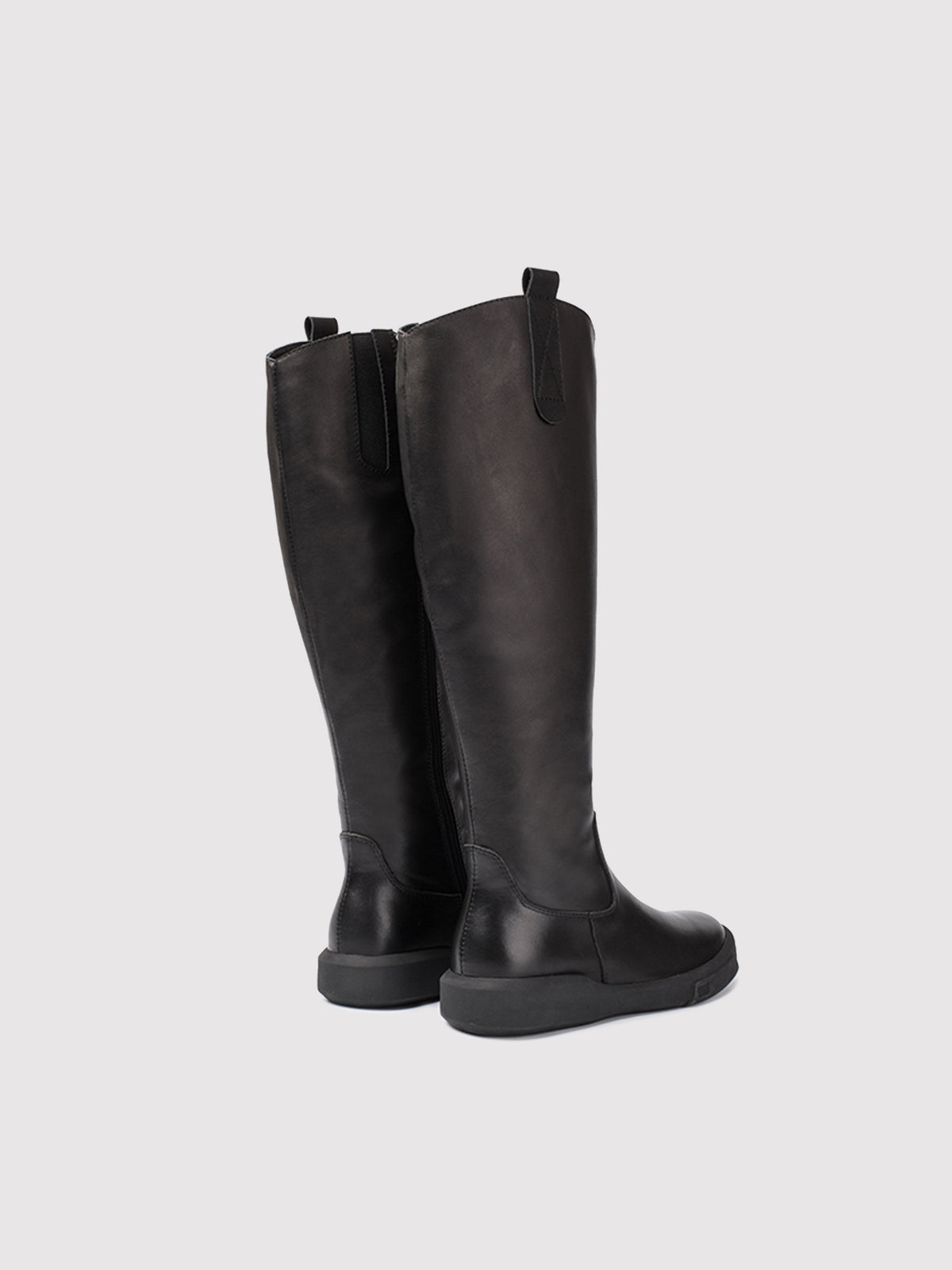 Black fleece-lined knee-high boots, pair viewed from the back.