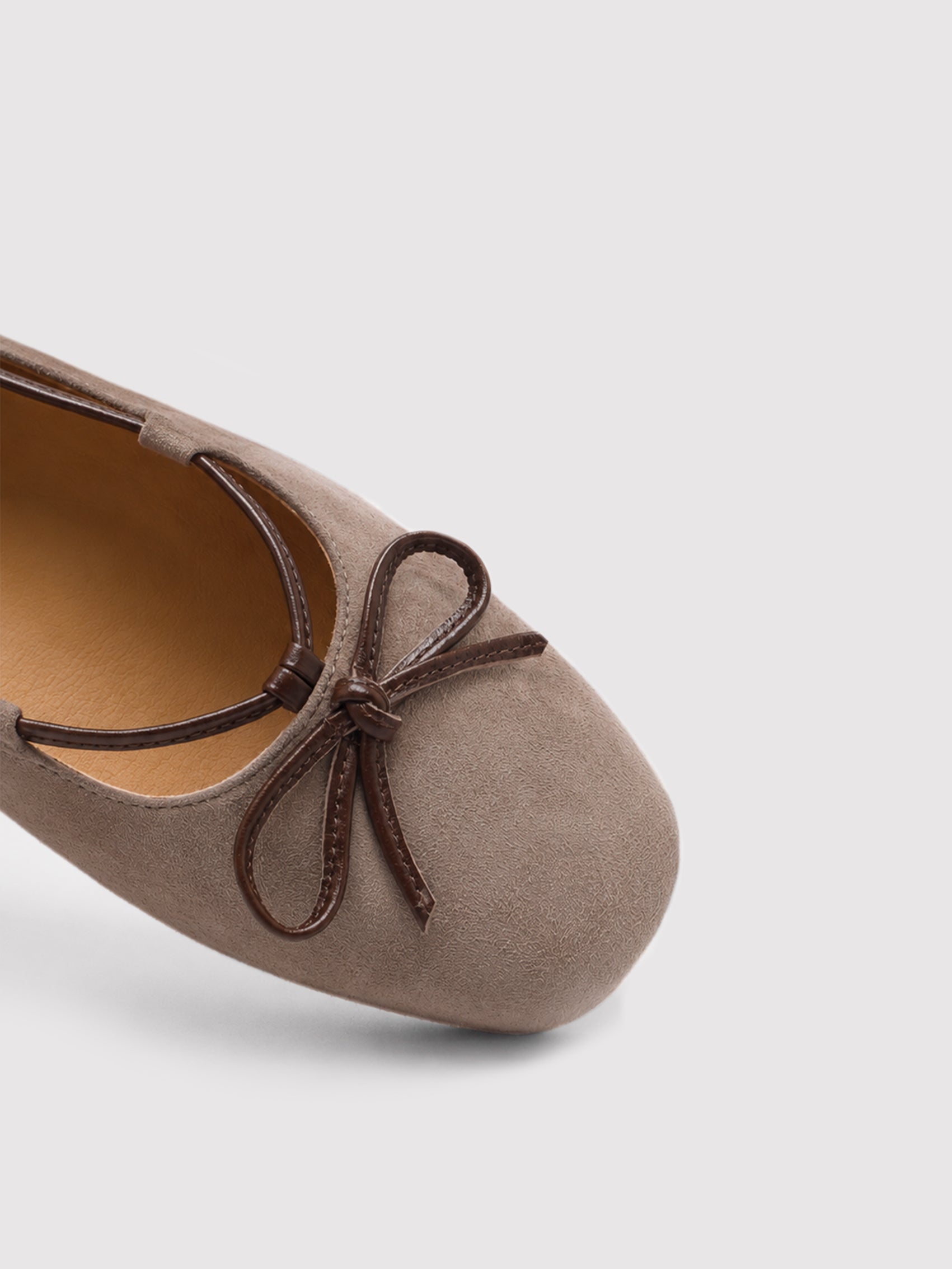 Soft Taupe Suede Ballet Flats with Leather Bow Accent