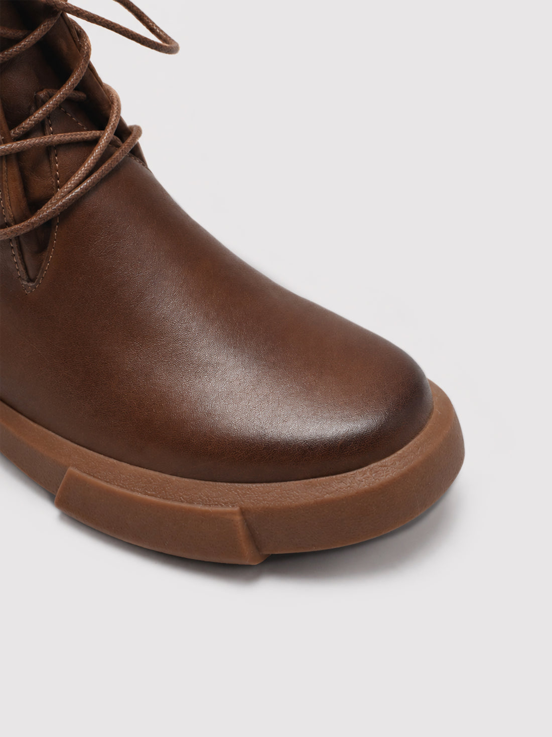 Cognac Brown Leather Lace-Up Ankle Boots with Chunky Sole